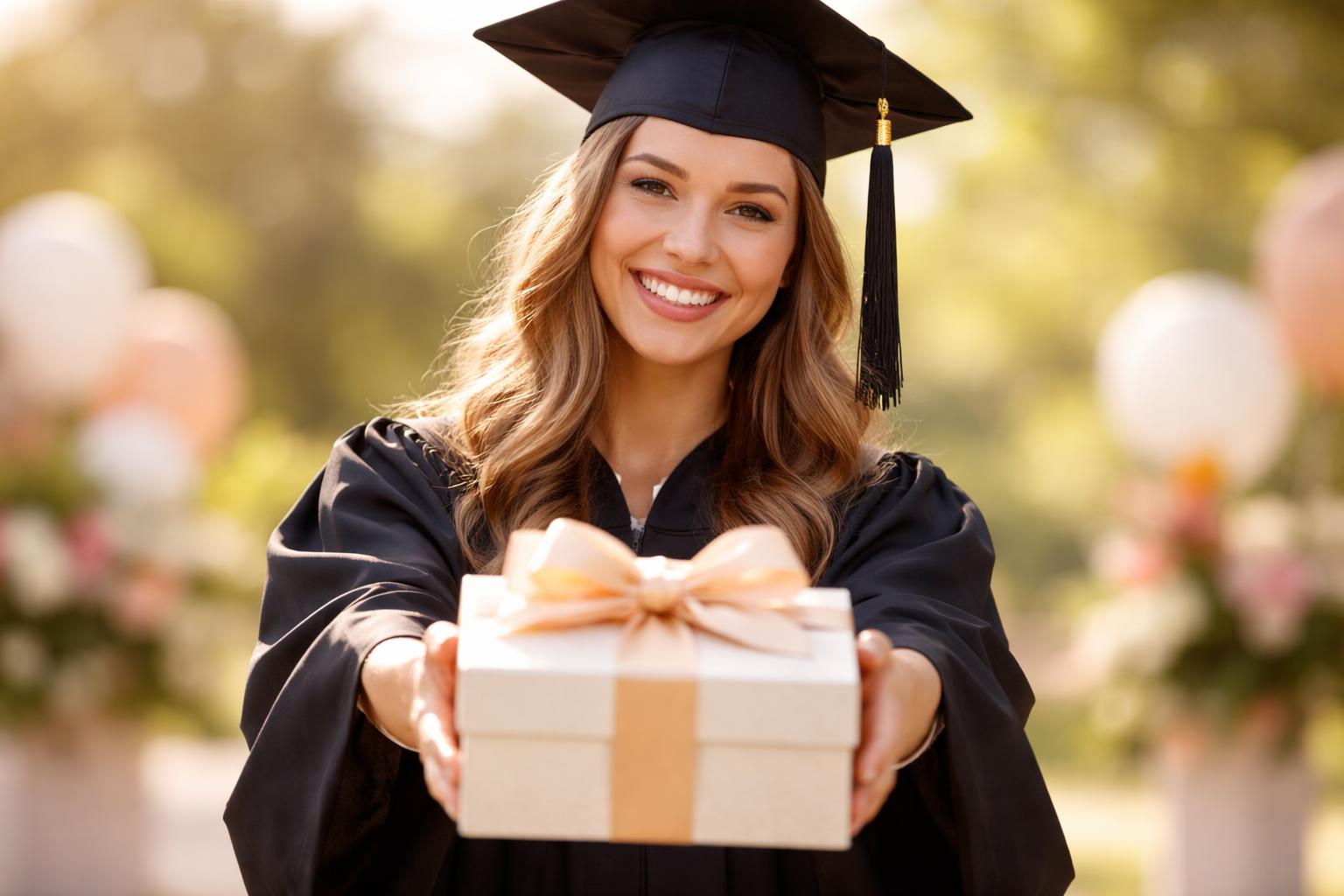 A smiling young female graduate in cap and gown holding a wrapped gift box outdoors with soft sunlight.