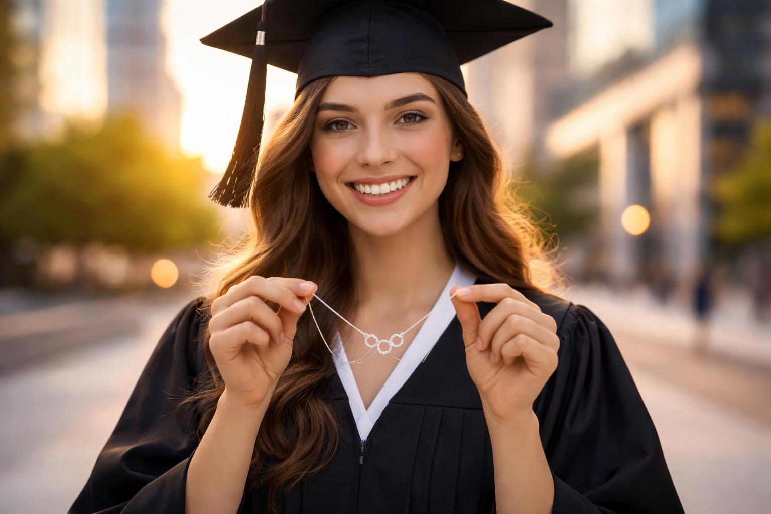 A young female graduate in a cap and gown smiles while holding a piece of jewelry, standing in a city setting with buildings in the background.