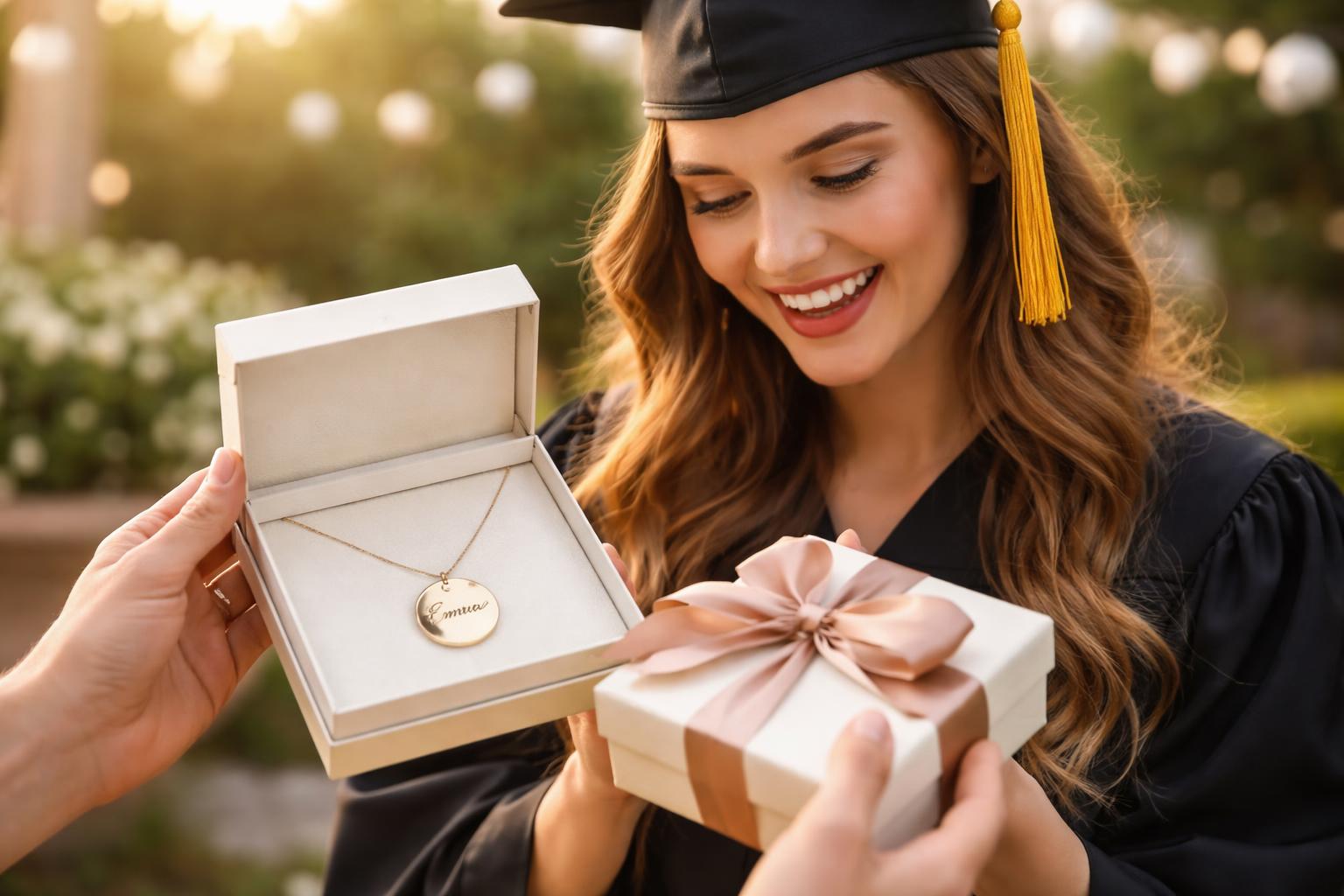 A young female graduate smiling as she opens a gift box containing a delicate personalized necklace outdoors.