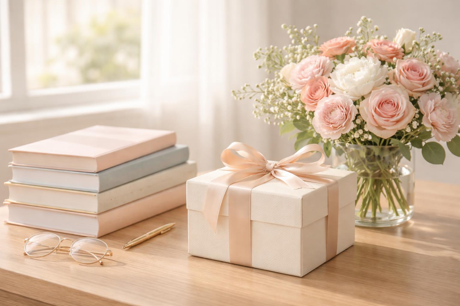 A gift box, a stack of books, and a bouquet of flowers arranged on a wooden desk with natural light coming through a window.