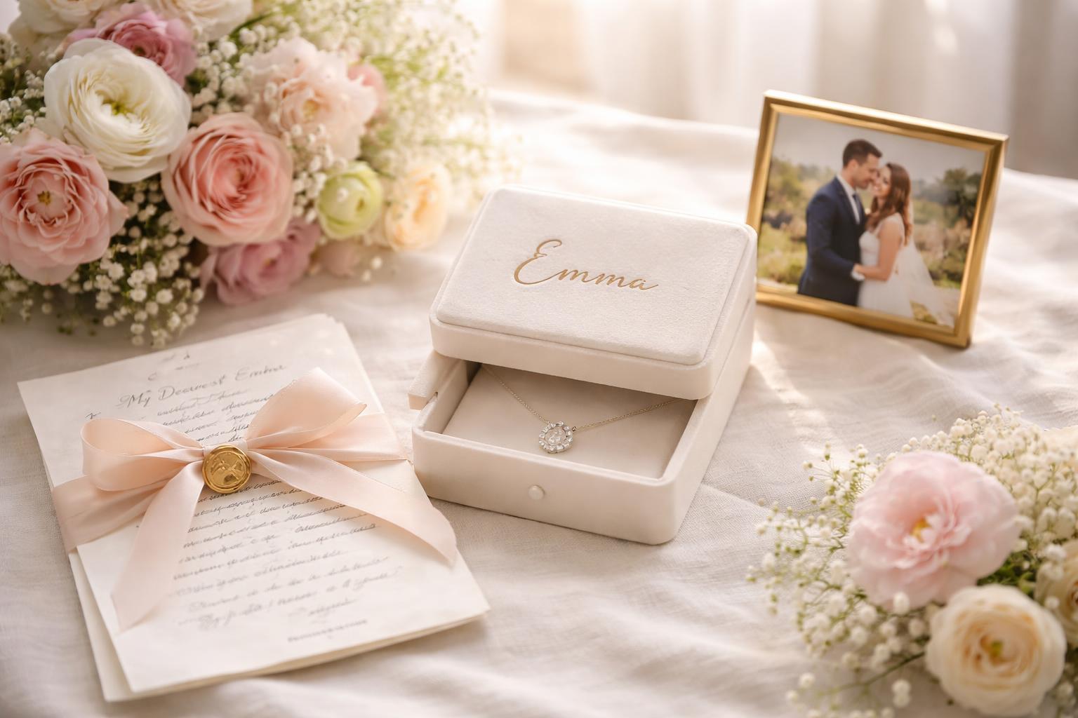 A table with personalized wedding gifts including a jewelry box with a necklace, a handwritten letter, a framed photo, and a bouquet of flowers.