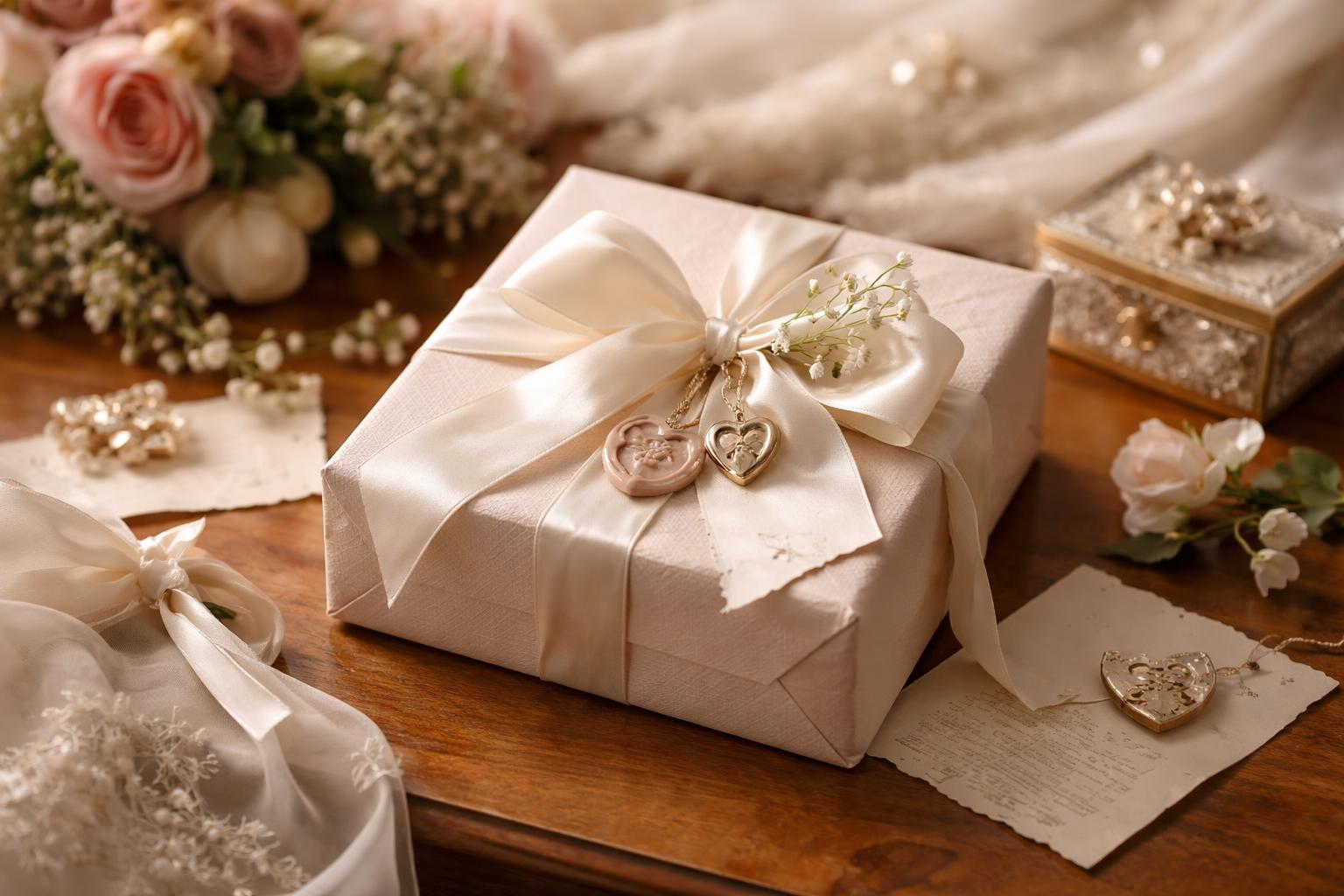 A wrapped wedding gift box with ribbons and a handwritten note on a wooden table surrounded by flowers and keepsakes.