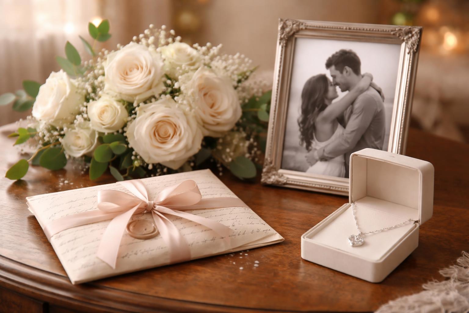 A wooden table displaying a handwritten love letter, an open jewelry box with a heart-shaped necklace, a framed black-and-white photo of a couple, and a bouquet of white roses and eucalyptus.