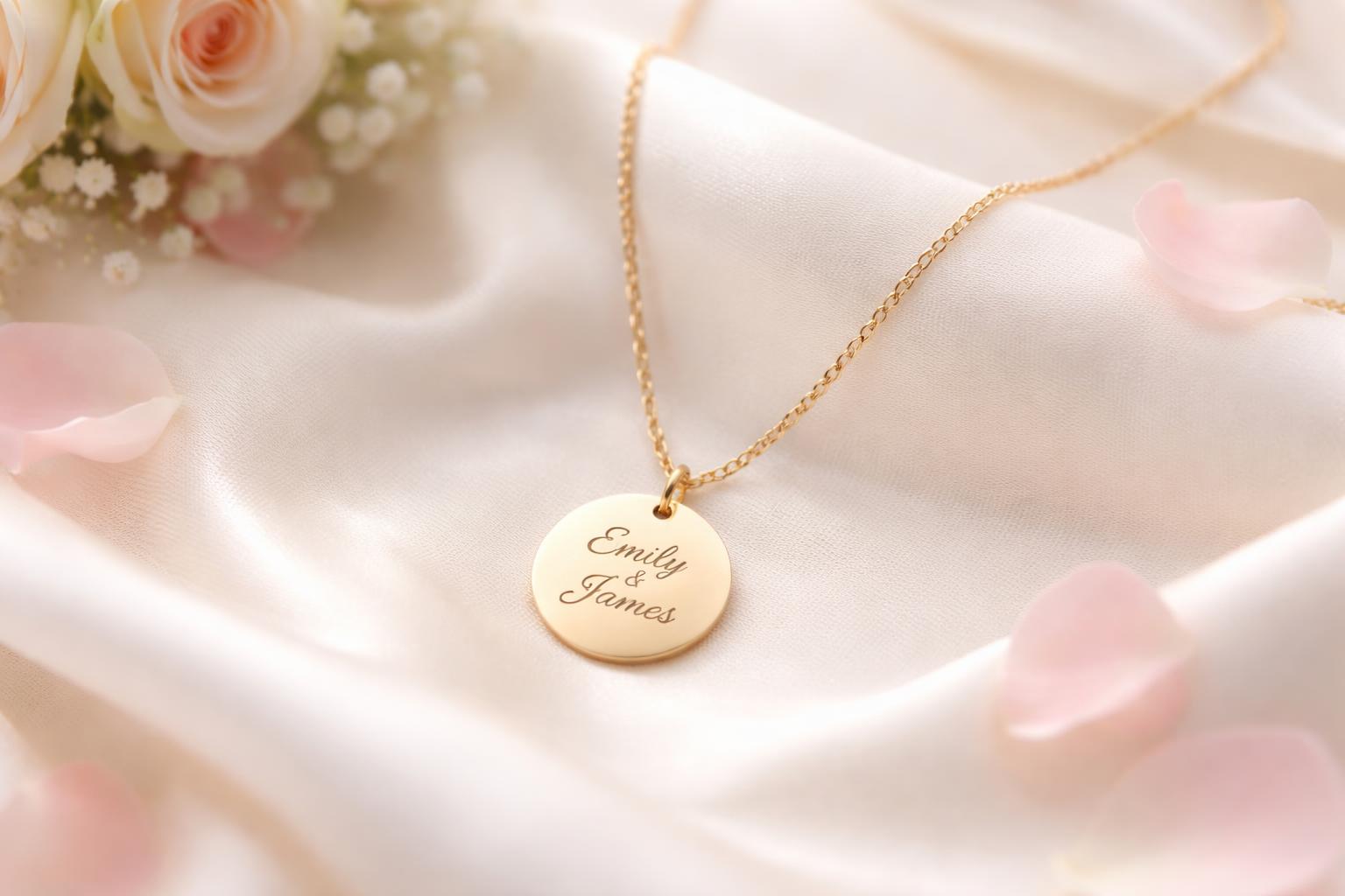 Close-up of a personalized gold necklace with an engraved pendant resting on white silk fabric surrounded by rose petals and a small bouquet of flowers.