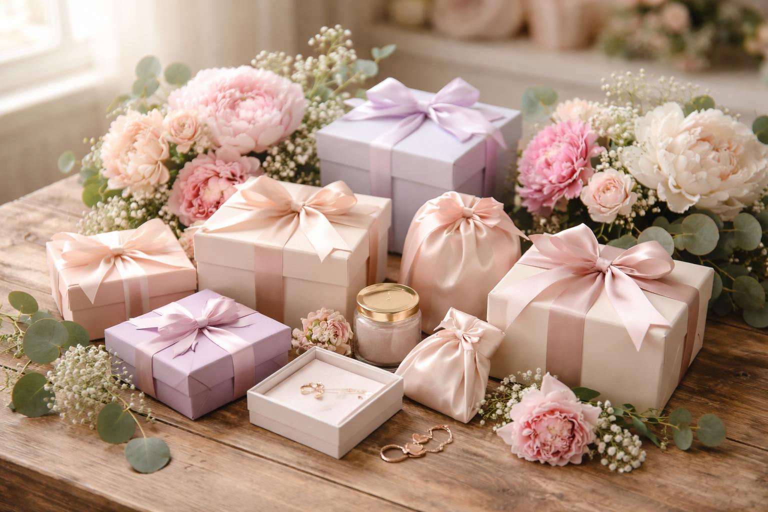 A collection of wrapped bridesmaid gifts with flowers arranged on a wooden table.