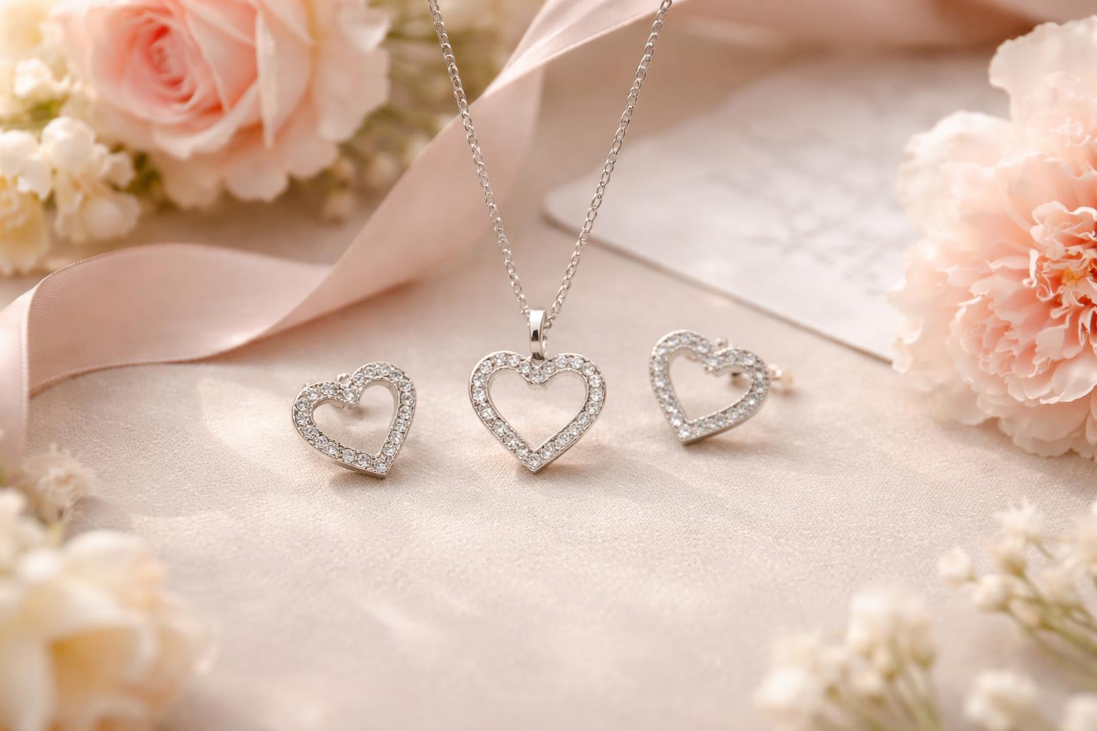 Close-up of elegant heart-shaped silver jewelry on soft fabric with pastel flowers around it.