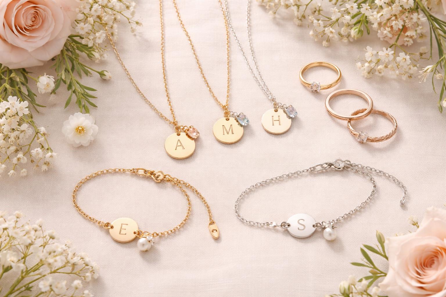 A close-up of personalized bridesmaid jewelry including engraved necklaces and bracelets arranged with flowers on a soft fabric background.