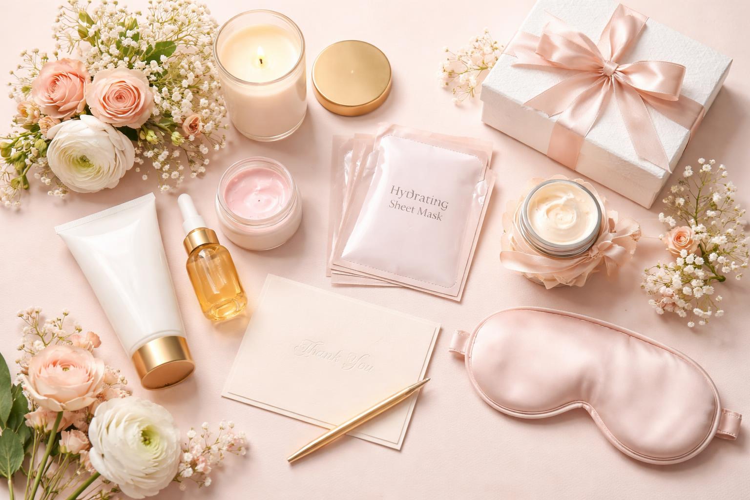 A flat lay of self-care items including candles, skincare products, a silk eye mask, flowers, and a thank you card arranged neatly on a pastel background.