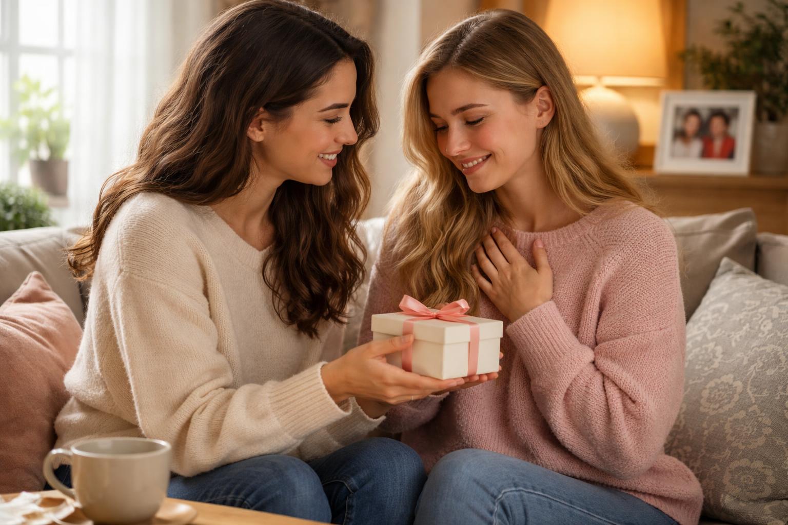 Two friends sitting closely on a sofa as one gives the other a small wrapped gift, both showing emotional connection.