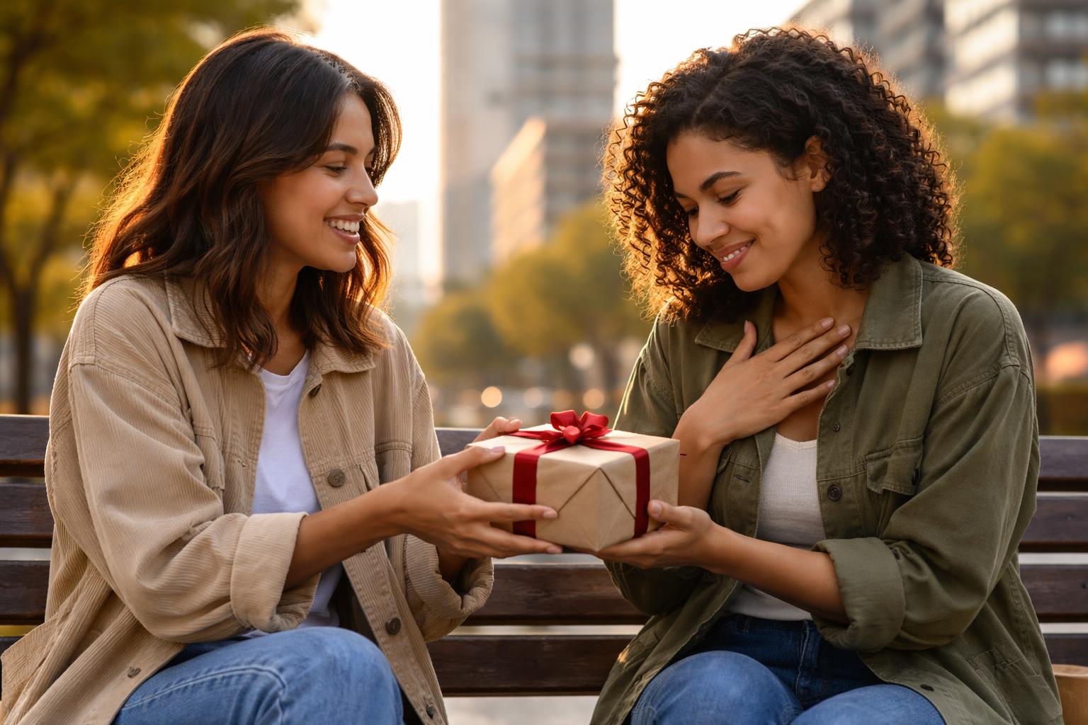 Two friends sitting on a park bench in the city, one giving a gift to the other who looks touched.