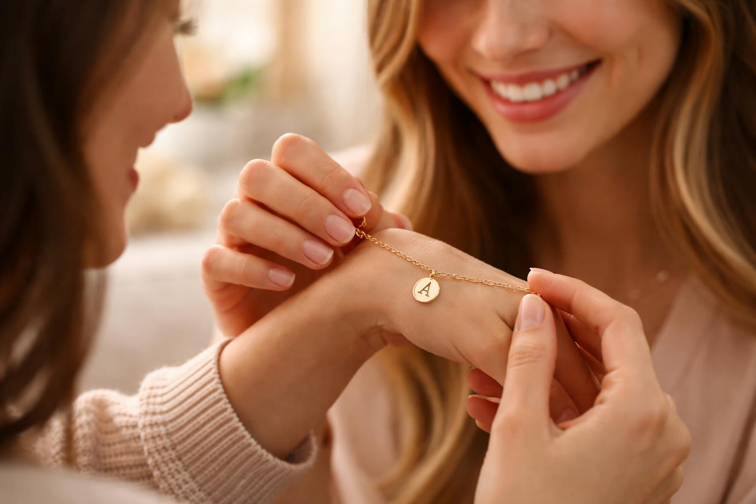 Two friends exchanging a personalized piece of jewelry in a warm, intimate setting.