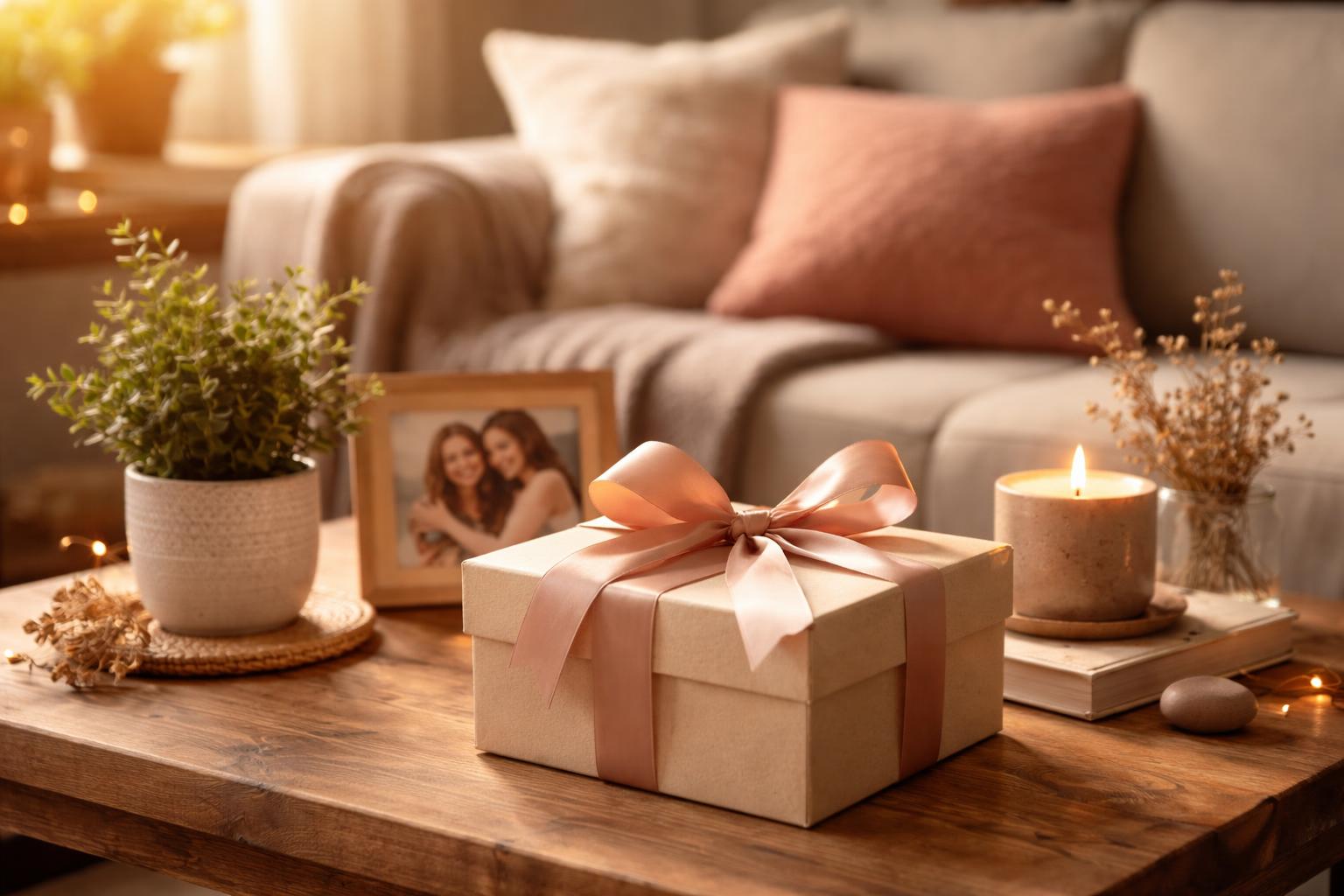A cozy living room with a wrapped gift box on a coffee table surrounded by home decor items like a potted plant, photo frame, and candle.