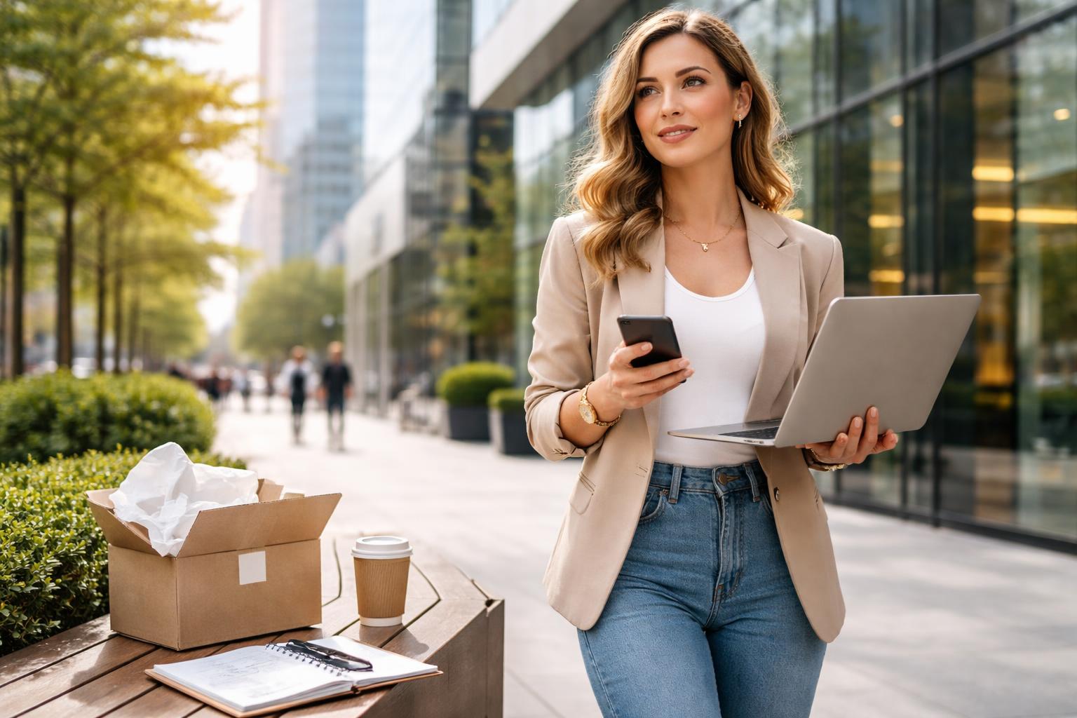 A confident woman standing outside a modern office building holding a laptop and smartphone, with city buildings and trees in the background.