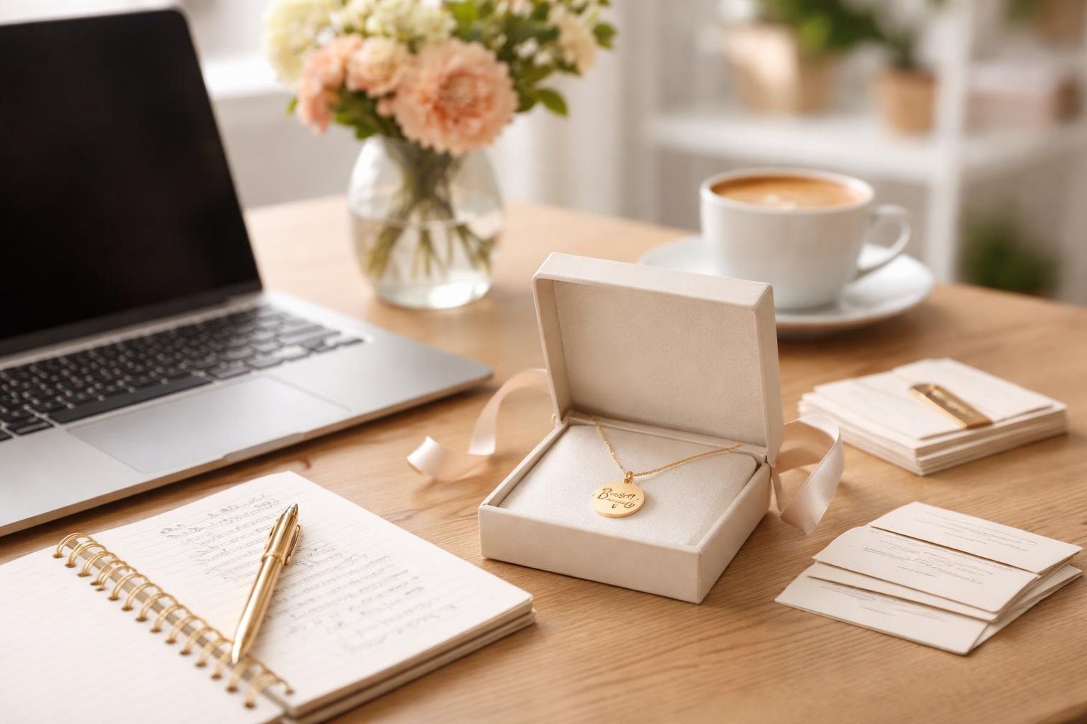 A workspace with a laptop, notebook, and an open jewelry box displaying personalized jewelry on a wooden desk.