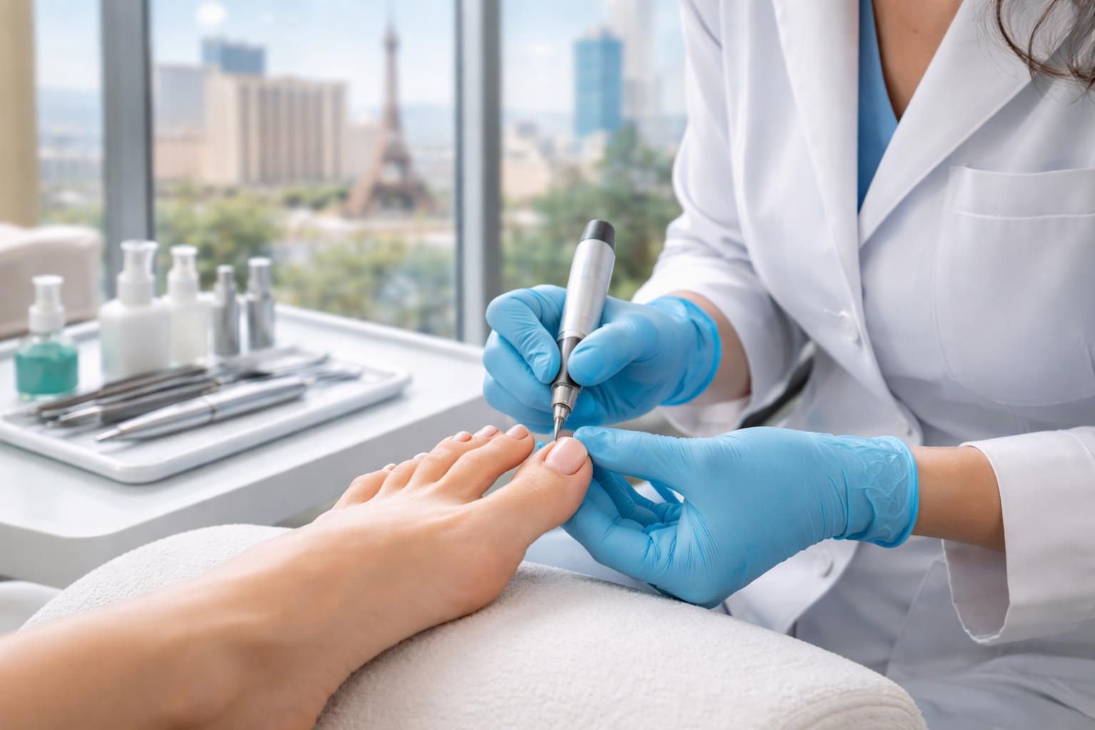 A medical professional performing toenail reconstruction on a patient's foot in a modern clinic with a view of Las Vegas buildings through a window.