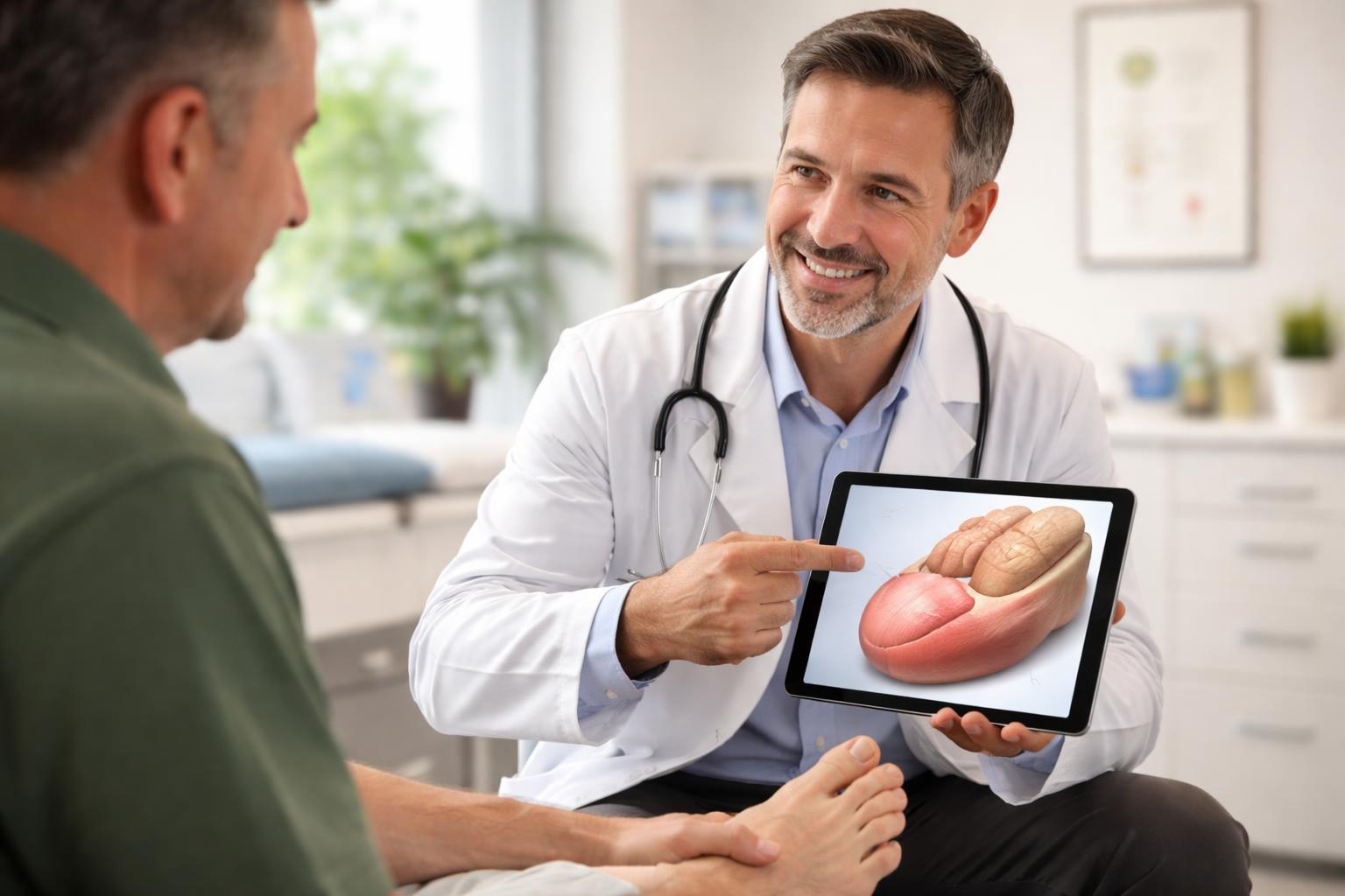 A doctor consulting with a patient about toenail reconstruction, showing a foot and a 3D toenail model on a tablet in a bright medical office.