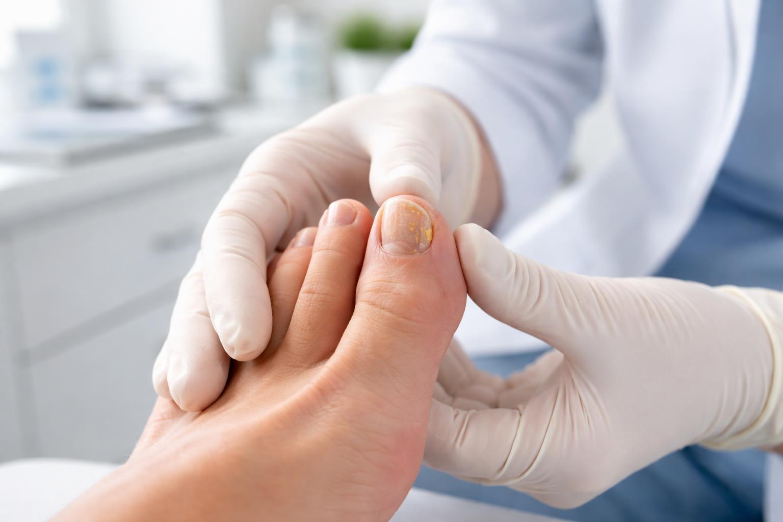 A healthcare professional examining a patient's damaged toenail in a bright clinical setting.