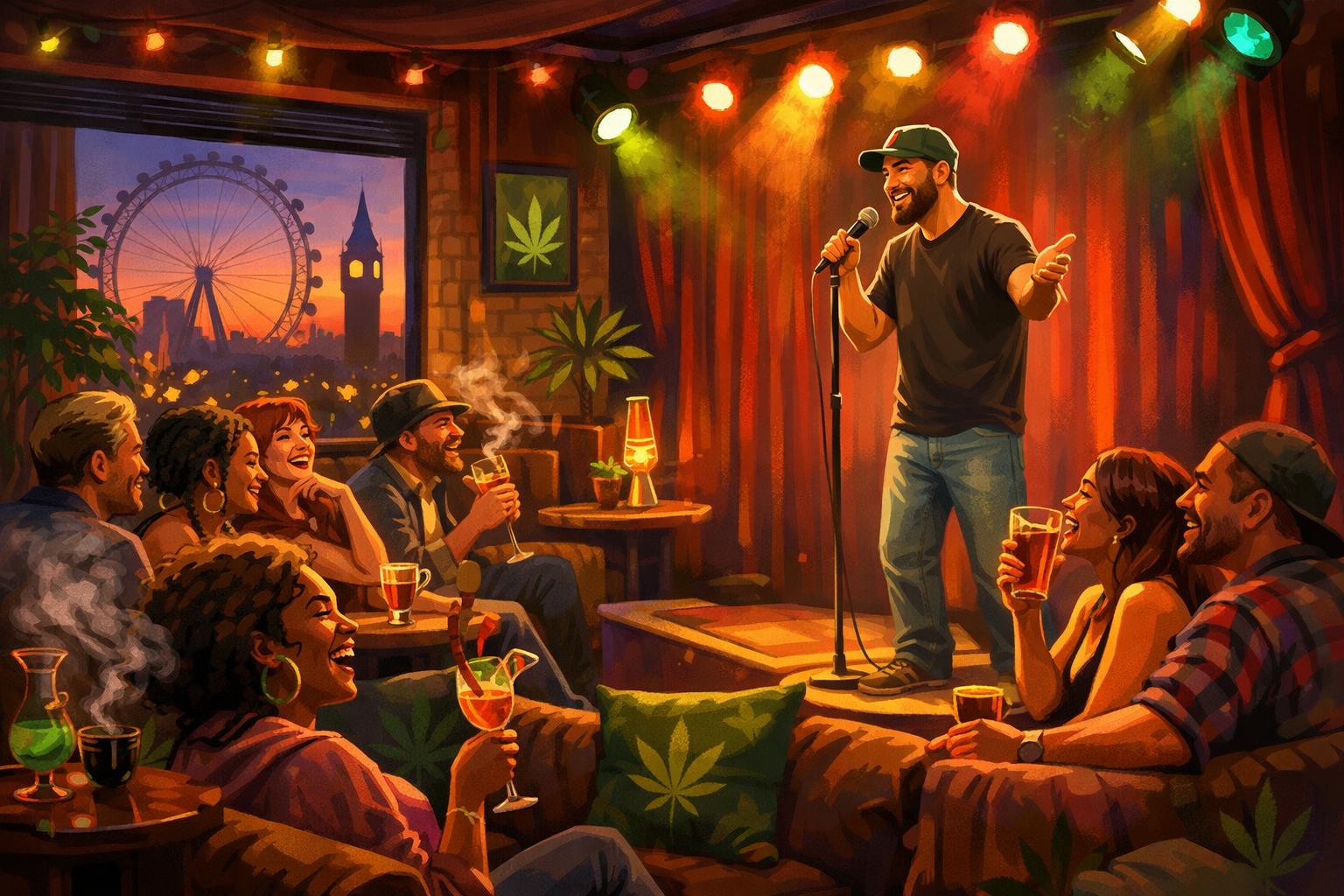 A lively comedy club in London with a comedian performing on stage and an audience enjoying the show, with subtle cannabis-themed decorations and London landmarks visible outside.