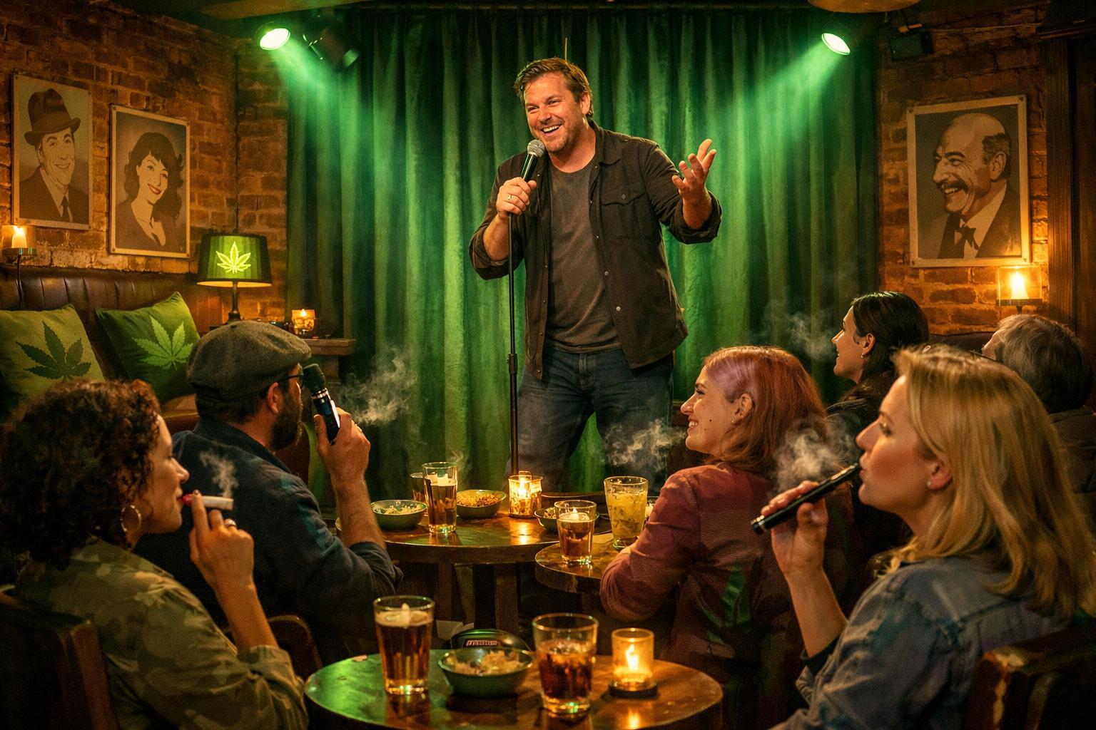 A lively London comedy club with a comedian performing on stage and a relaxed audience enjoying the show in a cannabis-friendly setting.