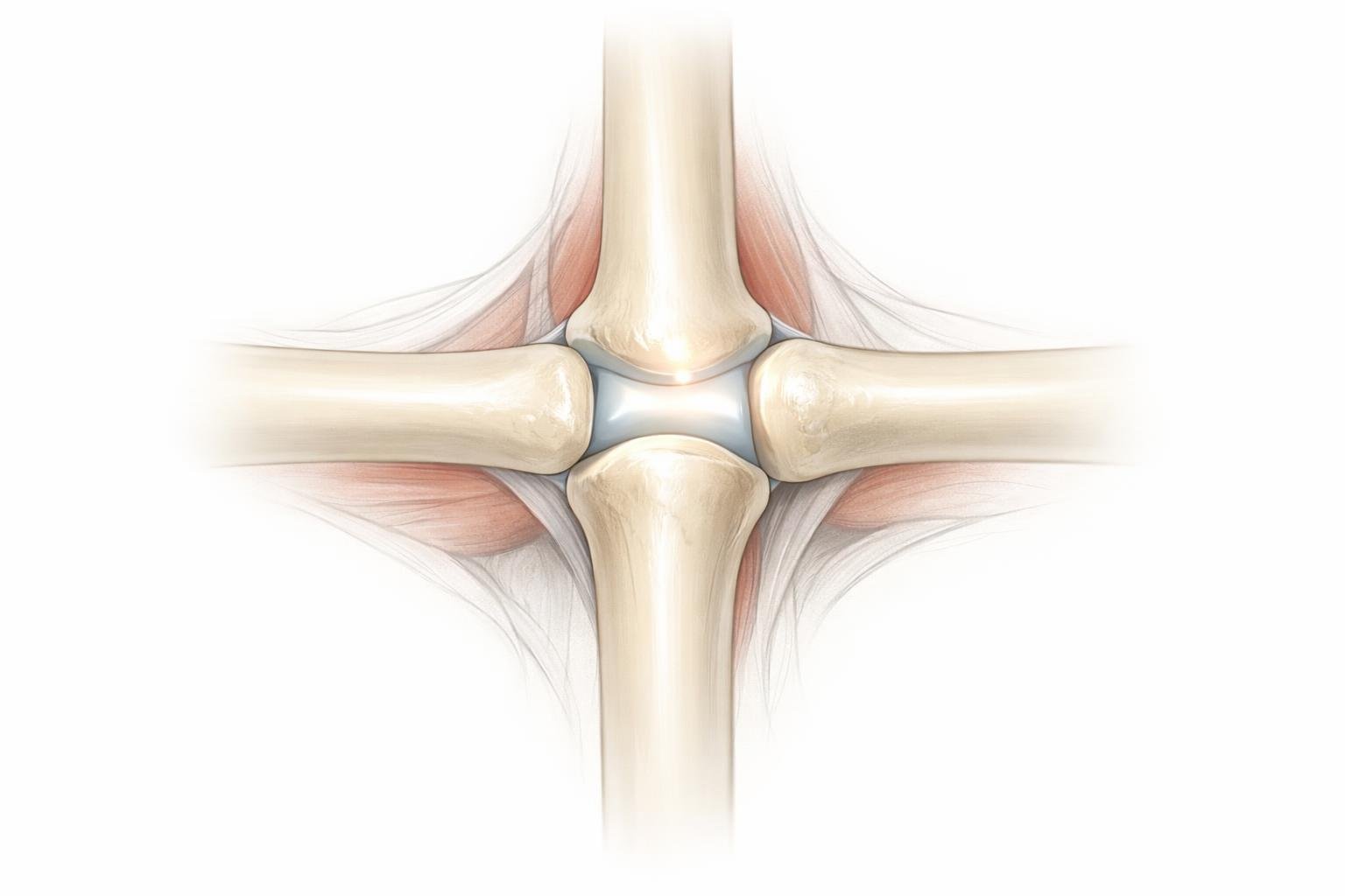 An illustration showing two bones intersecting at a right angle to form a joint, with surrounding muscles and ligaments lightly visible.