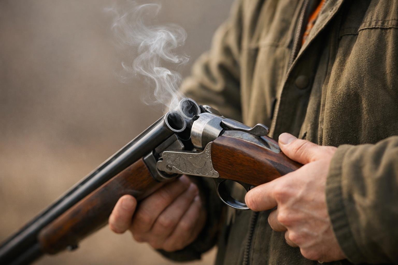 A person holding a shotgun with smoke rising gently from the barrel in a calm outdoor setting.