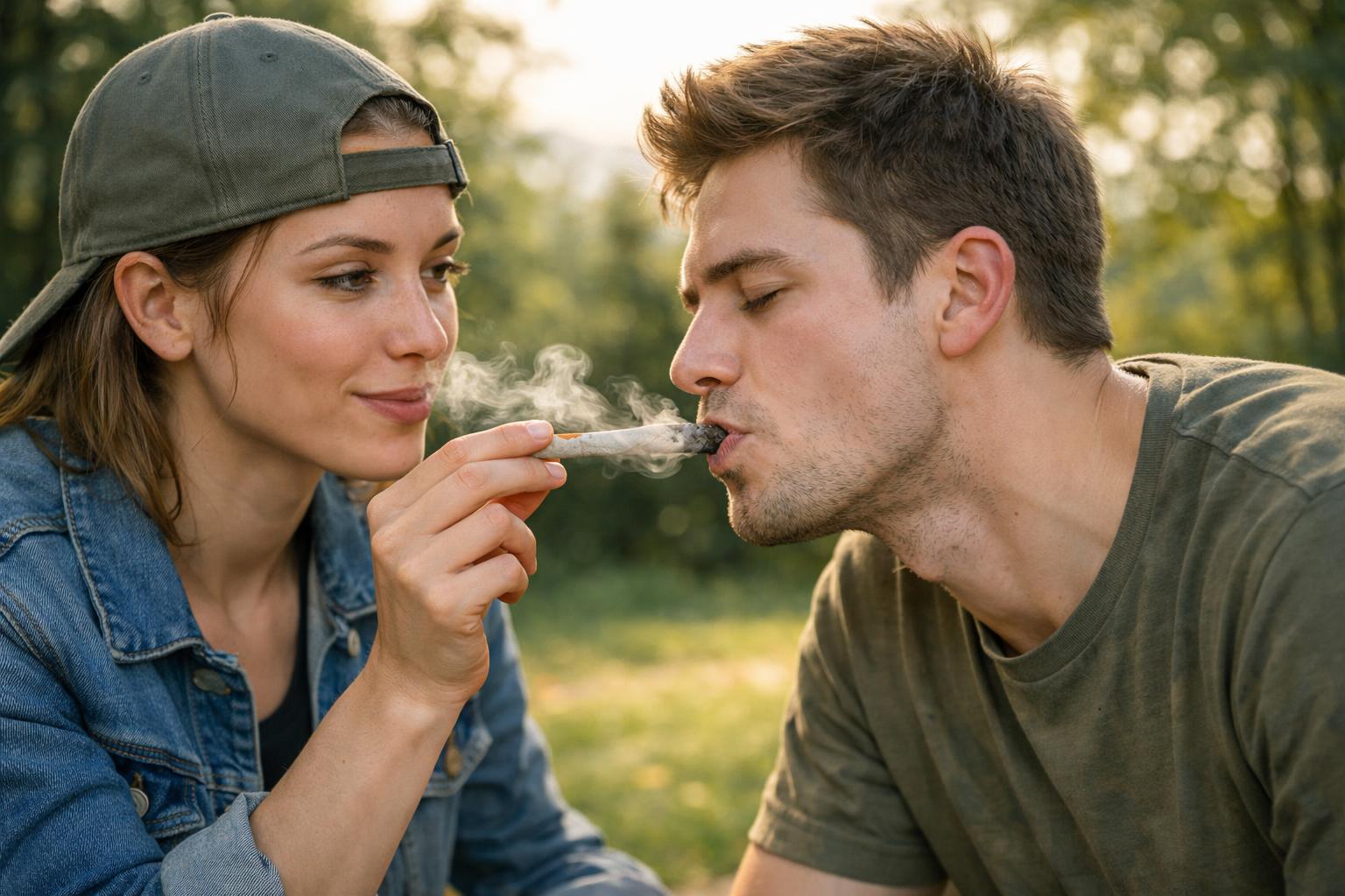 Two people outdoors sharing smoke from a cigarette, with one person inhaling smoke directly from the other's cigarette.
