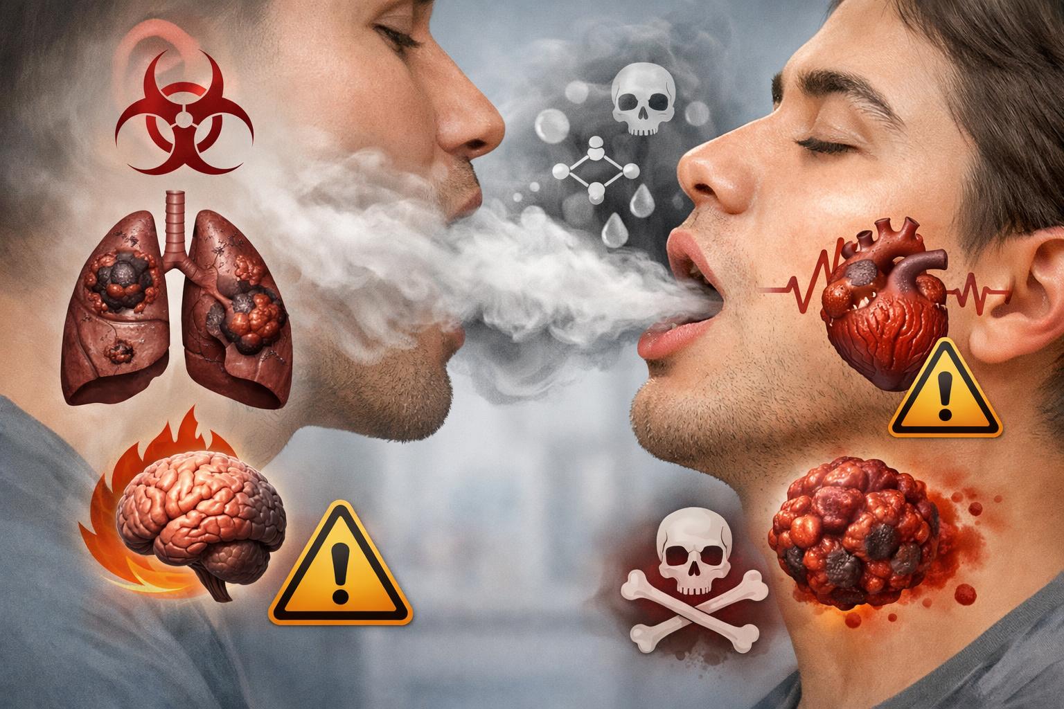 Two people engaged in shotgun smoking with visual symbols of lung damage and health risks around them.