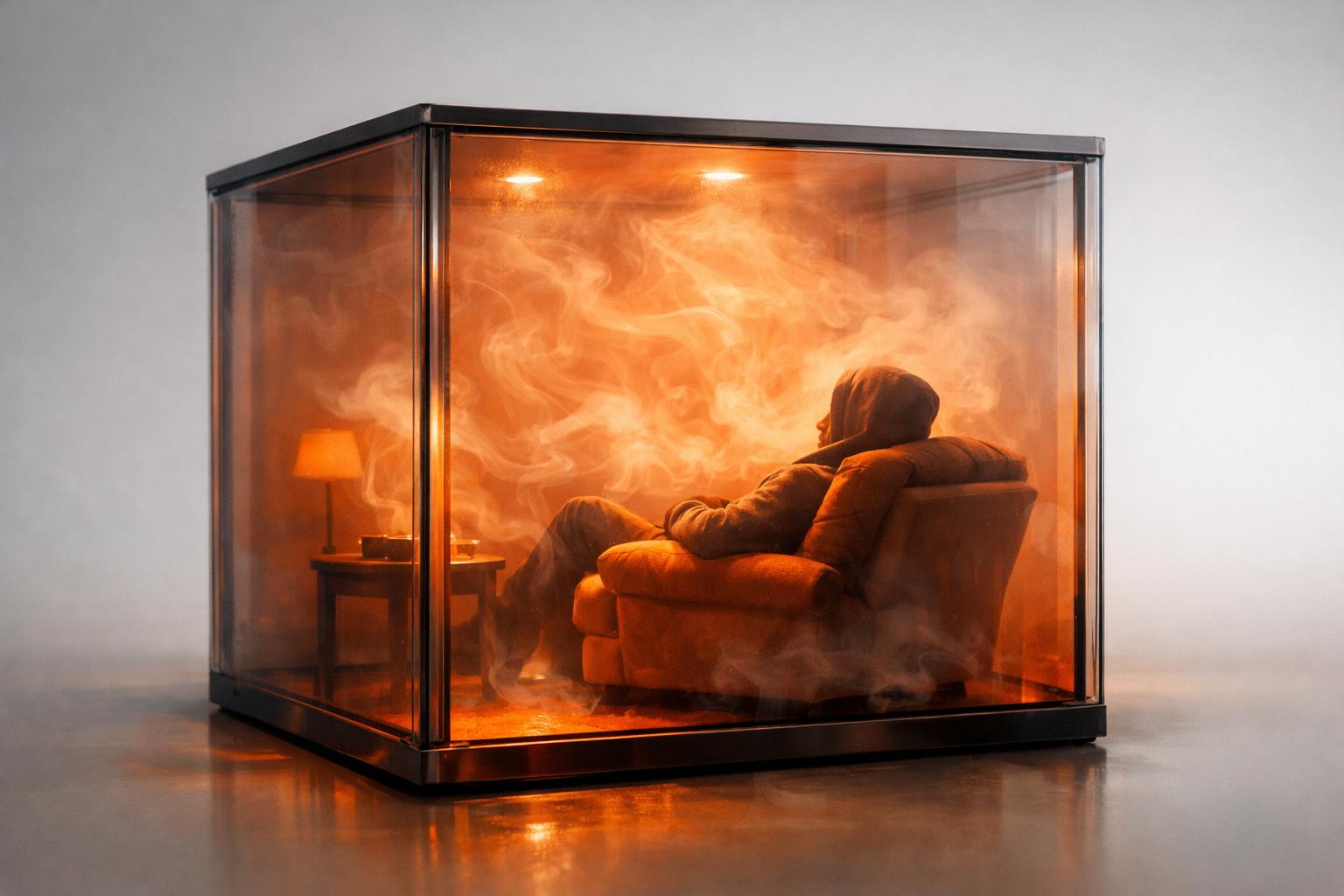 A person sitting relaxed inside a warm, glowing glass box filled with gentle swirling vapour.