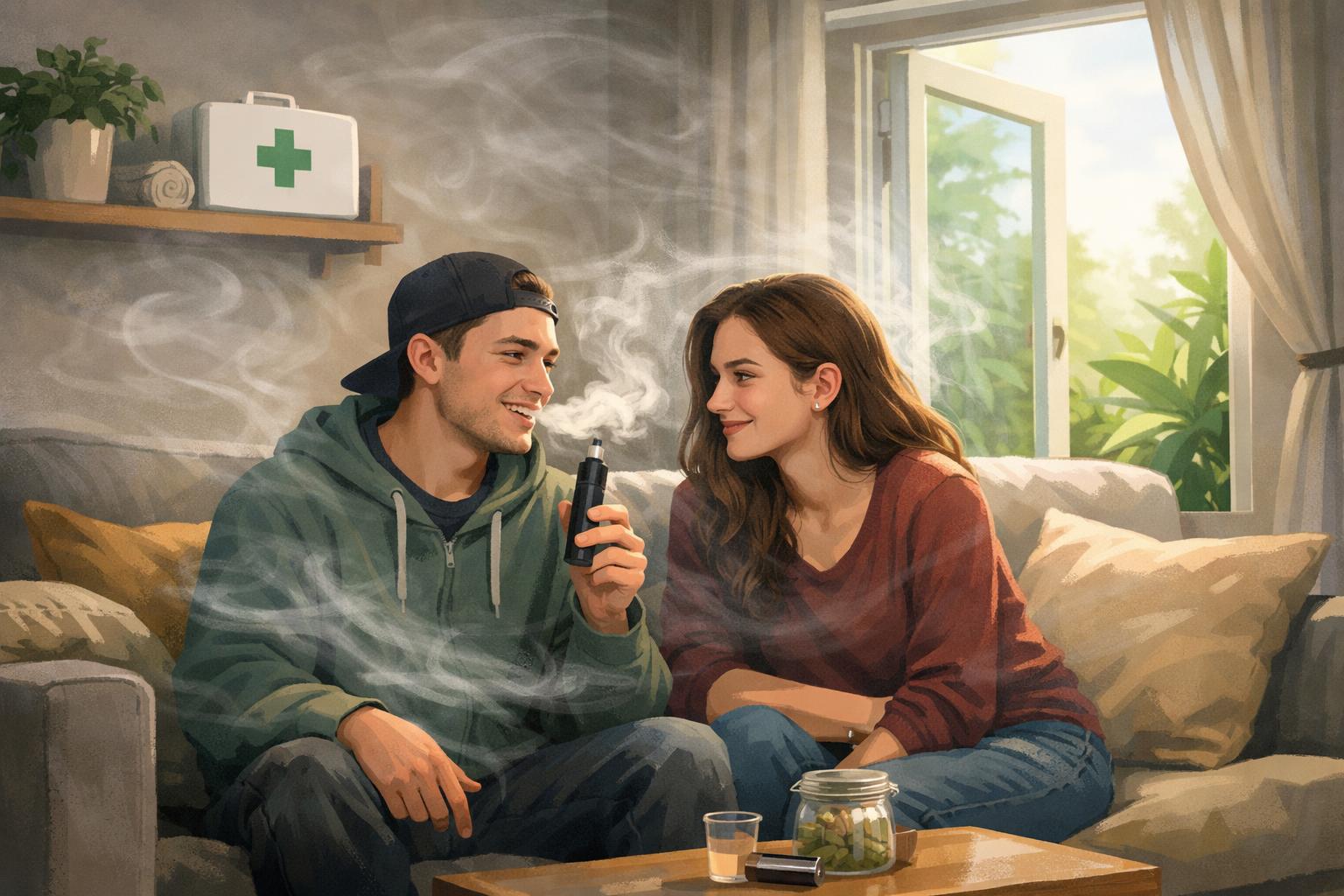 Two people sitting on a couch in a room with gentle smoke around them, with an open window showing plants outside and a first aid kit on a shelf nearby.