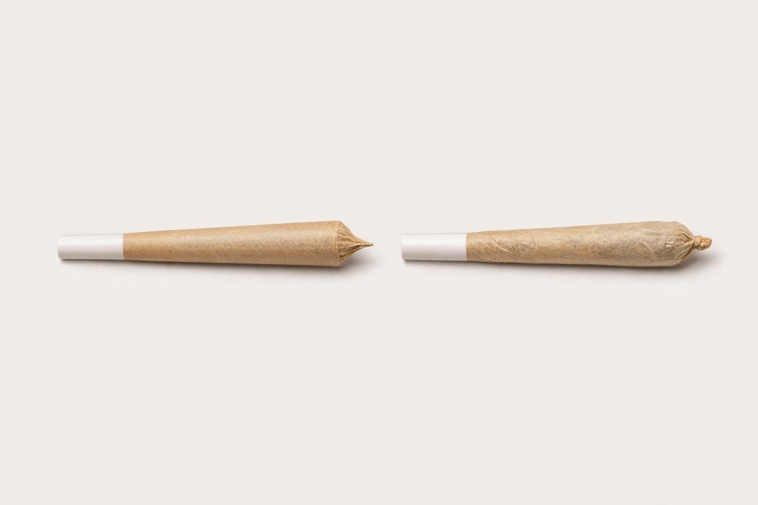 Two cannabis joints side by side on a plain background, one perfectly shaped cone joint and one hand-rolled joint with a more natural, irregular shape.