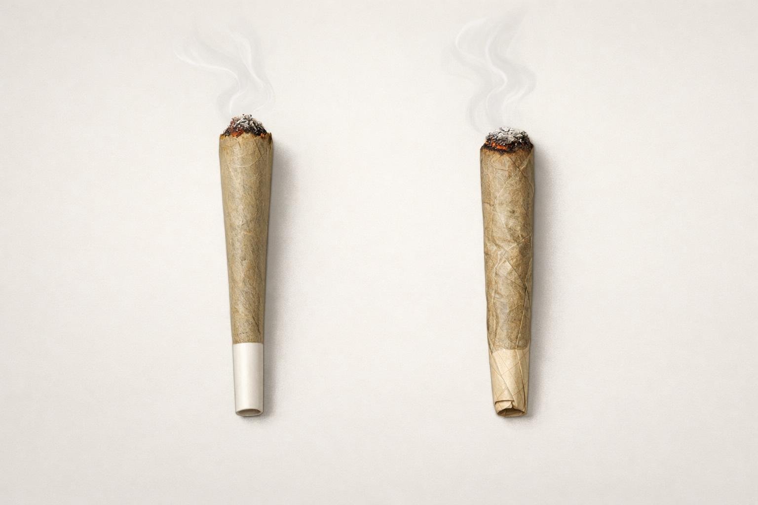 Two cannabis joints side by side on a neutral background, one cone-shaped and the other hand-rolled, with faint smoke rising from each.