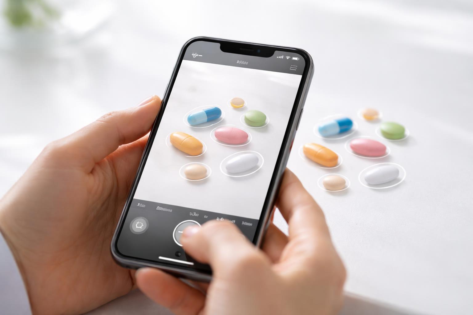 Hands holding an iPhone camera focused on colorful pills on a white surface.