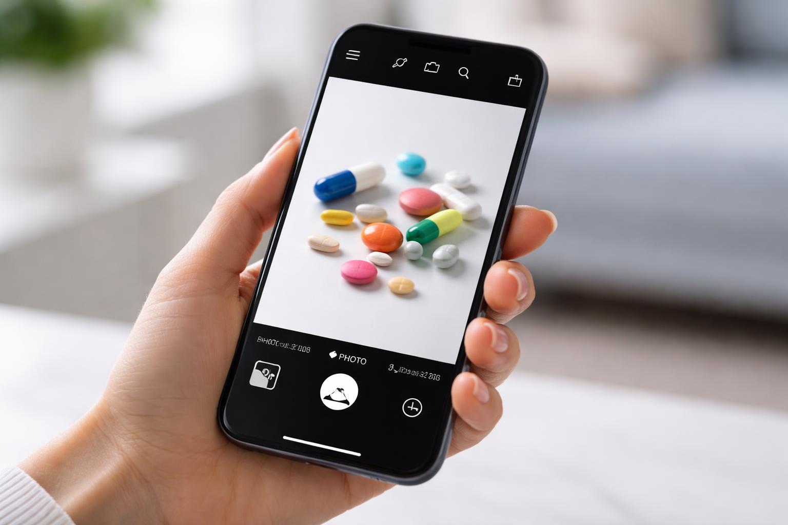 A person holding a smartphone camera focused on colorful pills arranged on a white surface.