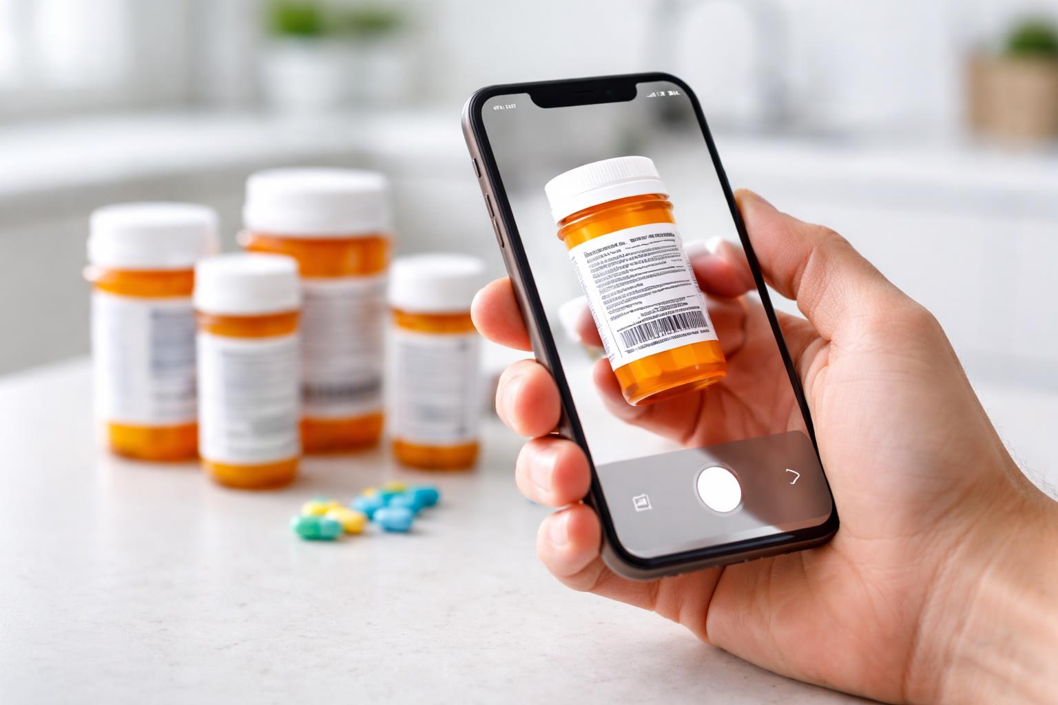 A person holding an iPhone scanning a prescription pill bottle label with several pill bottles and pills on a table.