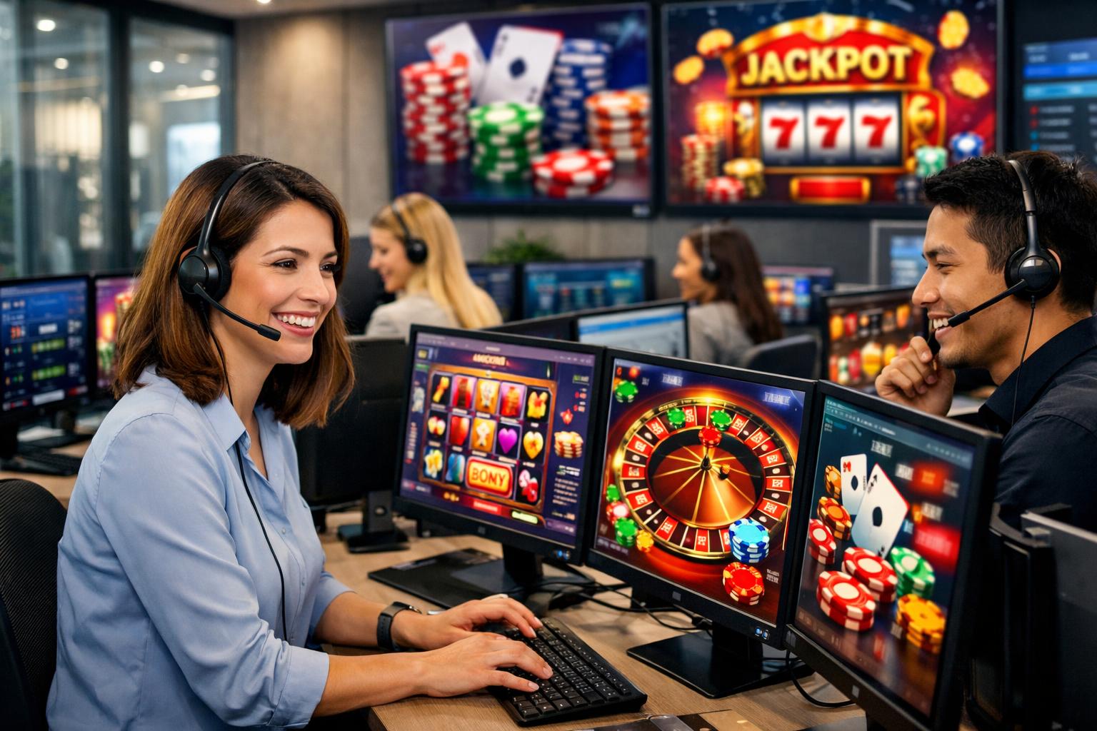 Customer Support Representatives Wearing Headsets Working At Computers In A Modern Office With CasinoThemed Visuals On Screens.