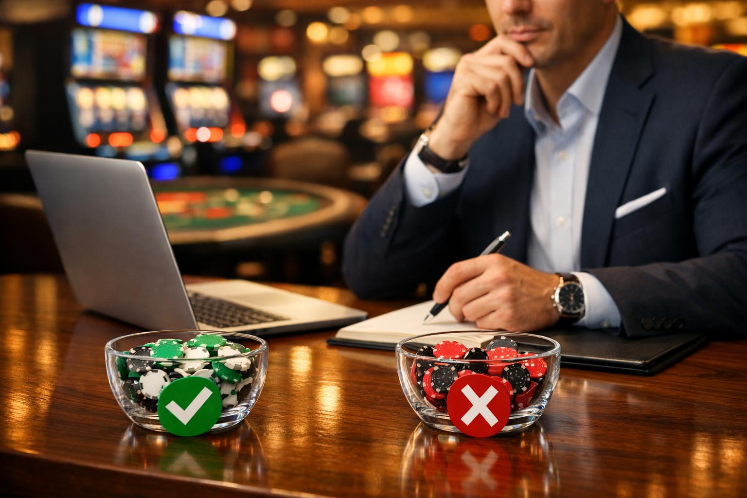 A Person Sitting At A Table In A Casino, Working On A Laptop With Gaming Tables And Slot Machines Visible In The Background.