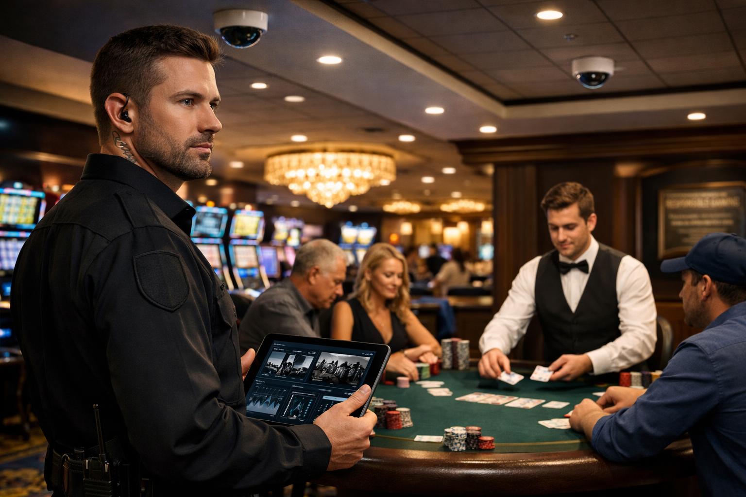 A Casino Gaming Floor With A Security Officer Monitoring The Area And A Dealer Distributing Cards To Players At A Poker Table.