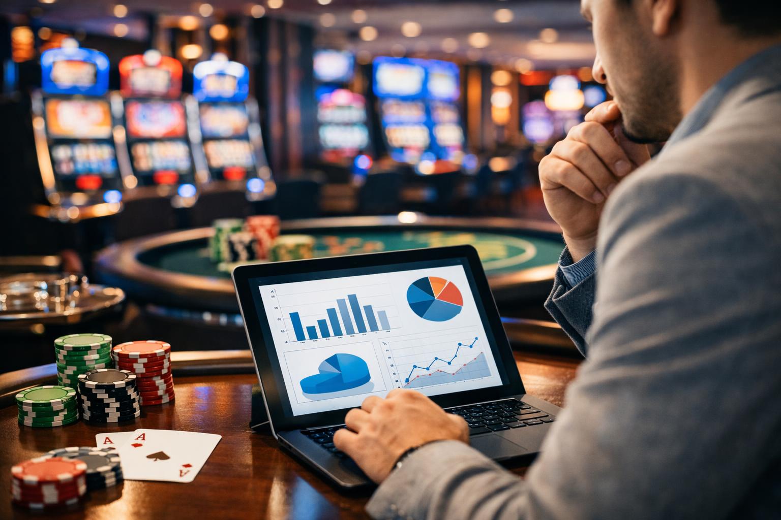 A Person In A Casino Setting Reviewing Data On A Tablet With Slot Machines And Gaming Tables In The Background.