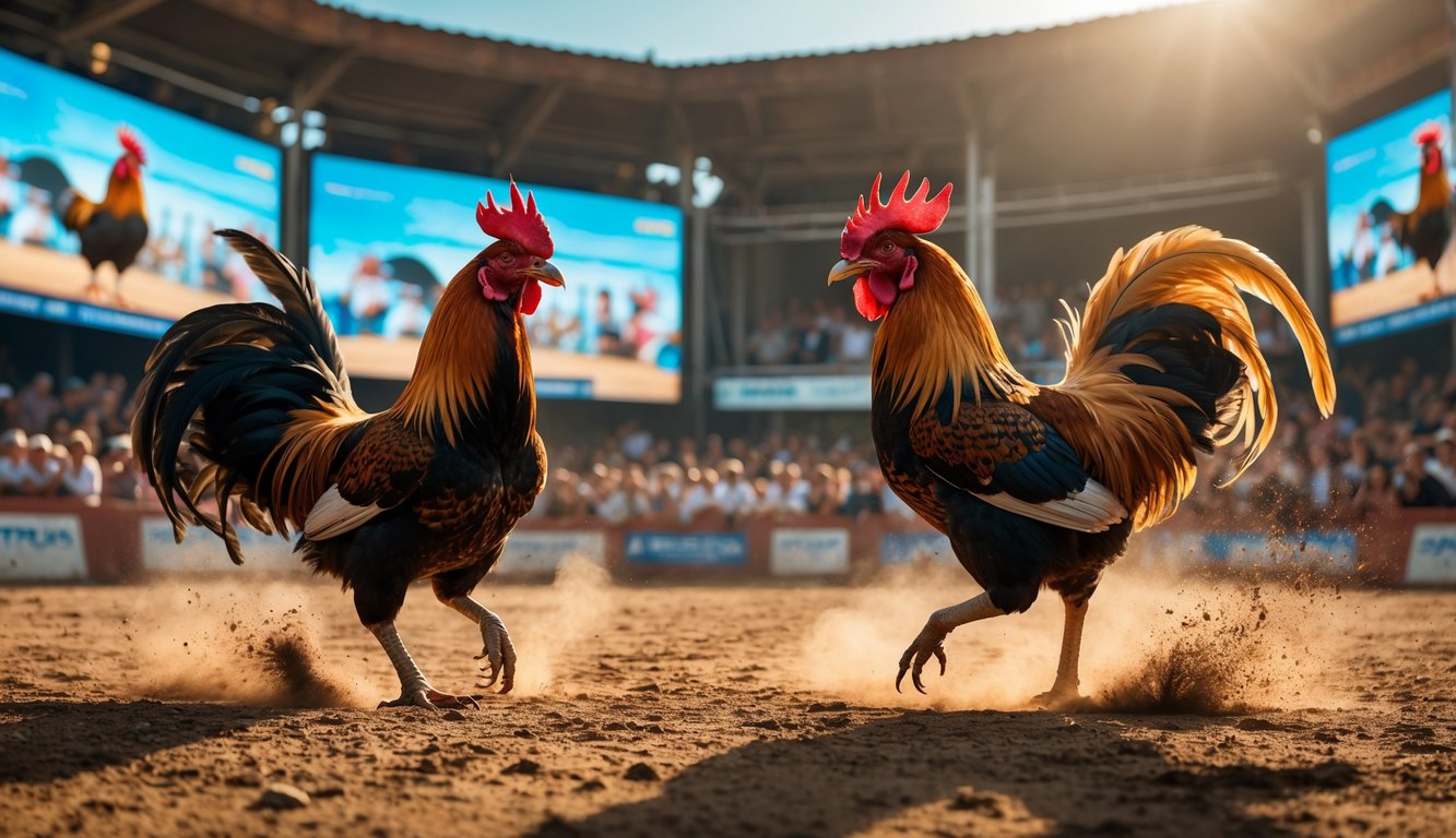 Dua ayam jago sedang bertarung di arena dengan penonton yang antusias dan layar besar menampilkan siaran langsung.