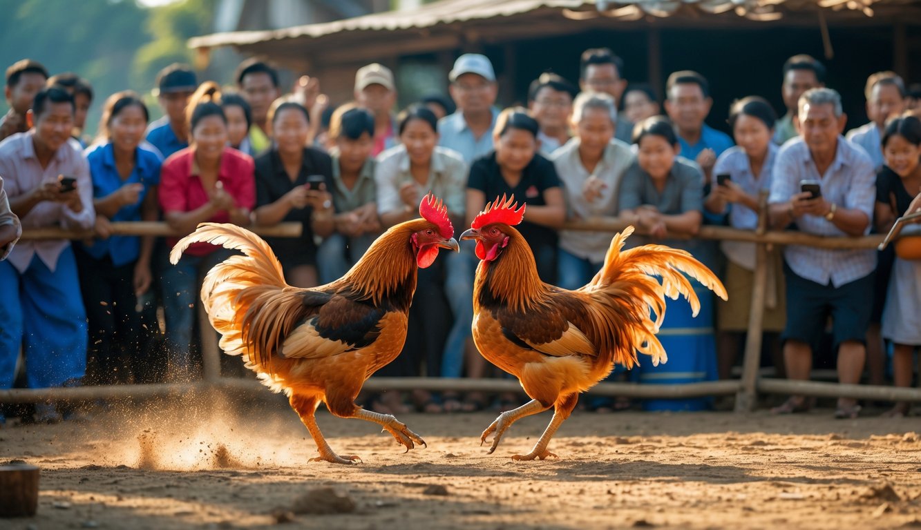 Dua ayam jago sedang bertarung di arena dengan penonton yang antusias mengamati dan memasang taruhan menggunakan ponsel.
