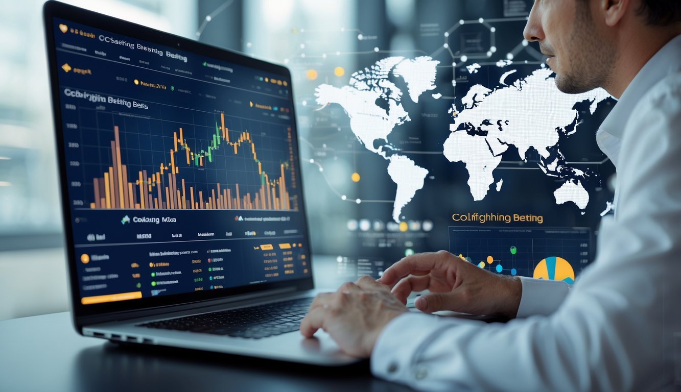 Seorang profesional sedang menganalisis data taruhan sabung ayam dengan latar belakang peta dunia dan grafik di layar komputer.