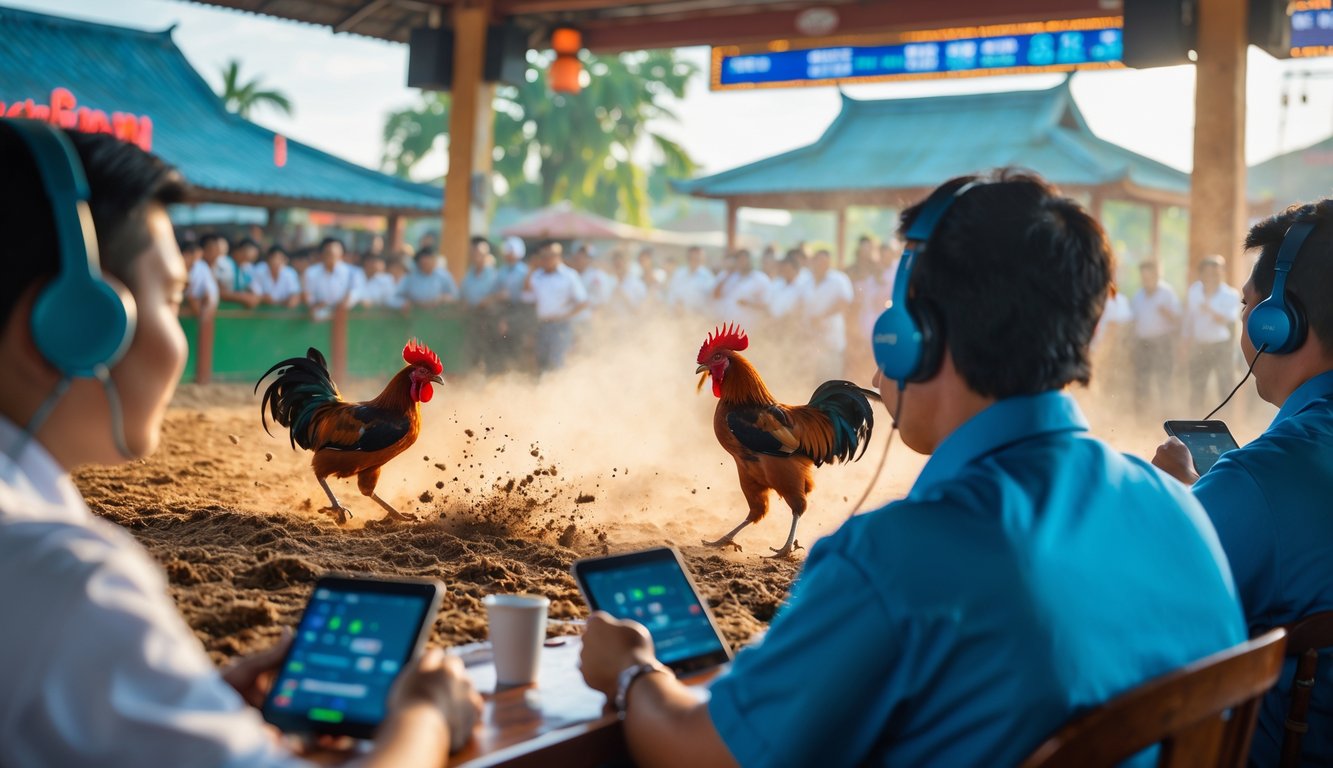 Suasana pertandingan sabung ayam dengan ayam jago beraksi dan penonton yang antusias di sebuah tempat yang ramai.