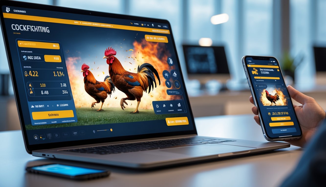 Layar laptop dan ponsel menampilkan platform judi sabung ayam modern dengan fitur real-time dan gameplay interaktif.