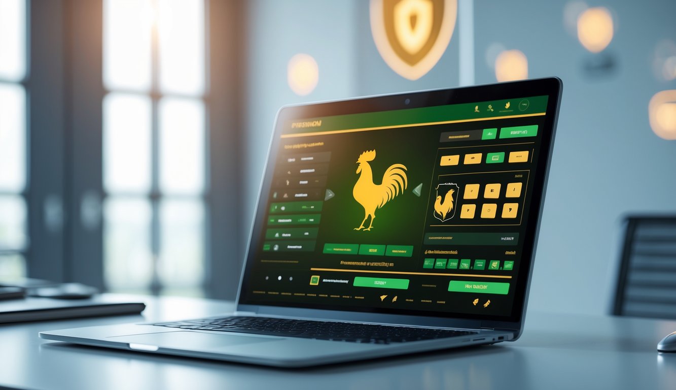 Seorang pria menggunakan komputer di meja kerja modern dengan layar menampilkan antarmuka taruhan sabung ayam yang aman dan adil.