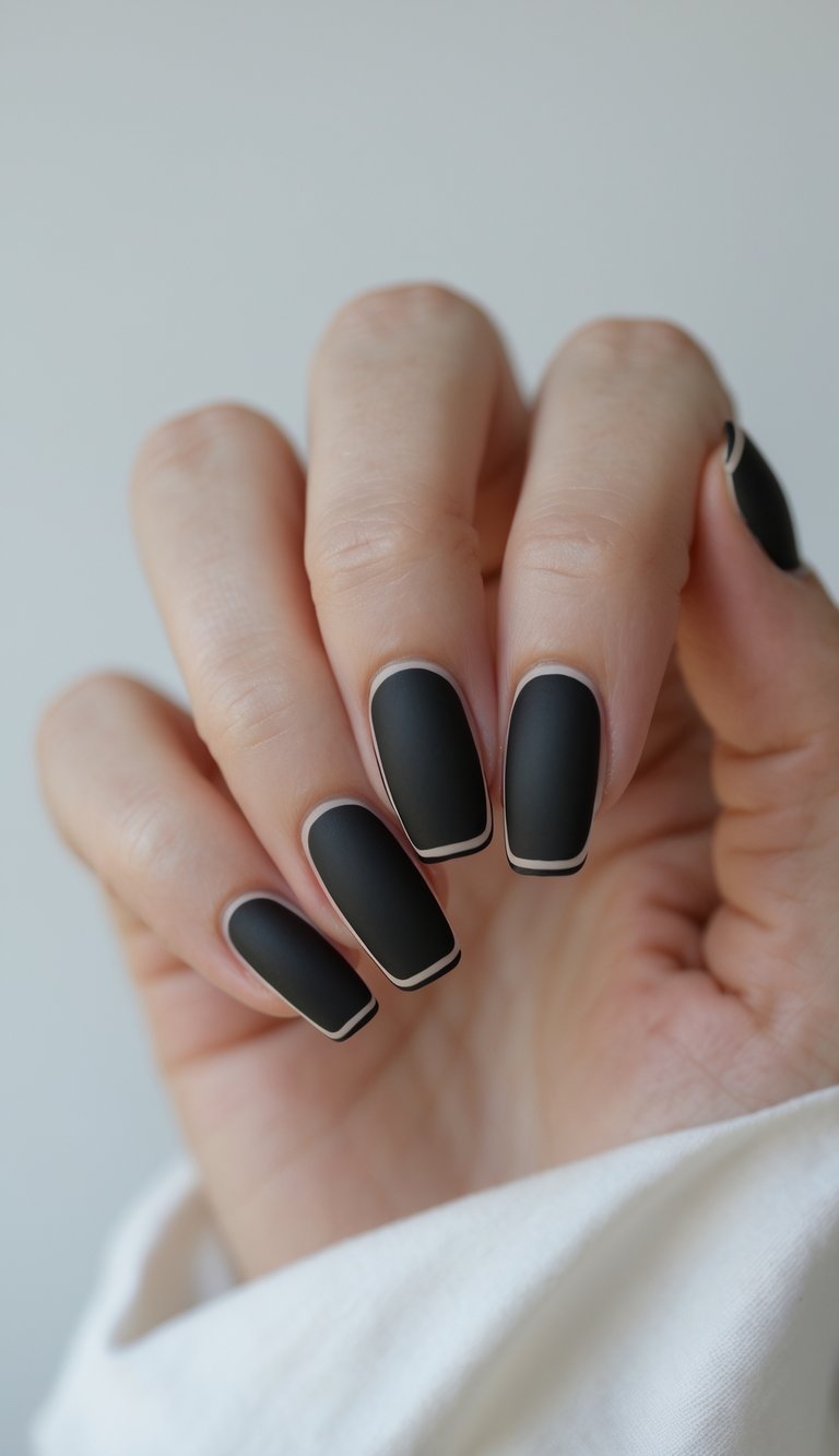Close-up of one hand with matte black outlined French manicure nails against a white background.