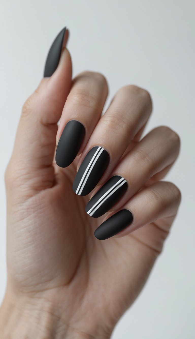 Close-up of one hand with matte black nails featuring glossy stripe designs against a white background.