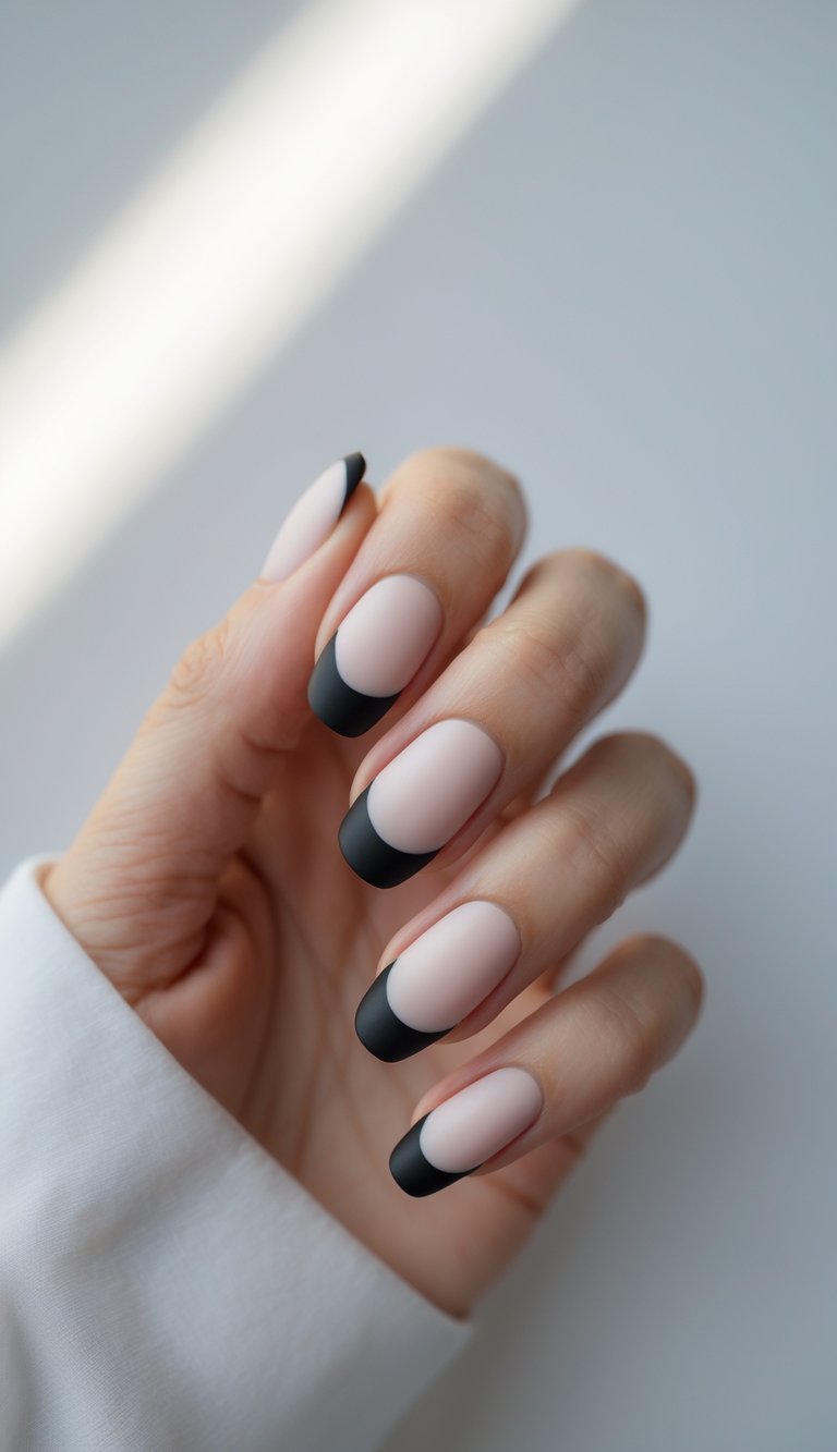 Close-up of one hand with neatly manicured nails featuring black outline French tips against a white background.