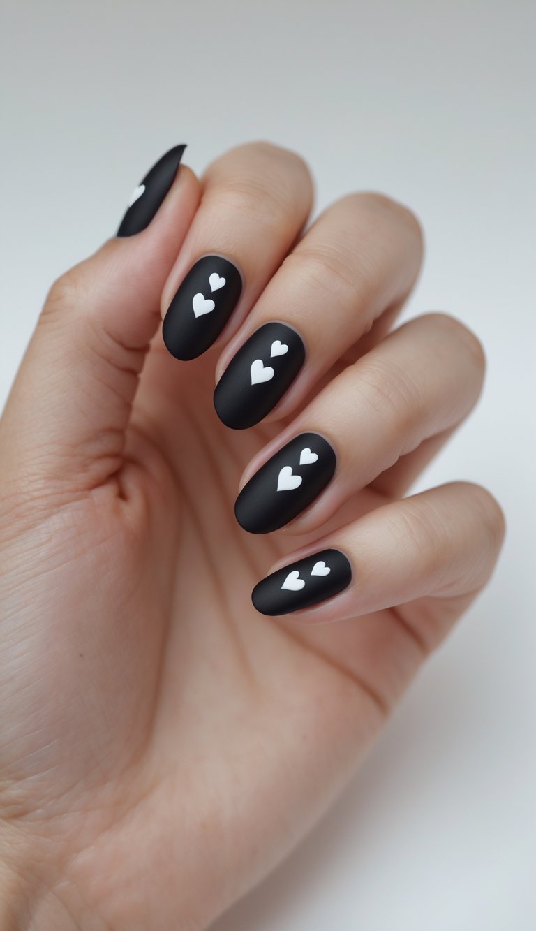 Close-up of one hand with matte black nails decorated with small white heart designs against a white background.