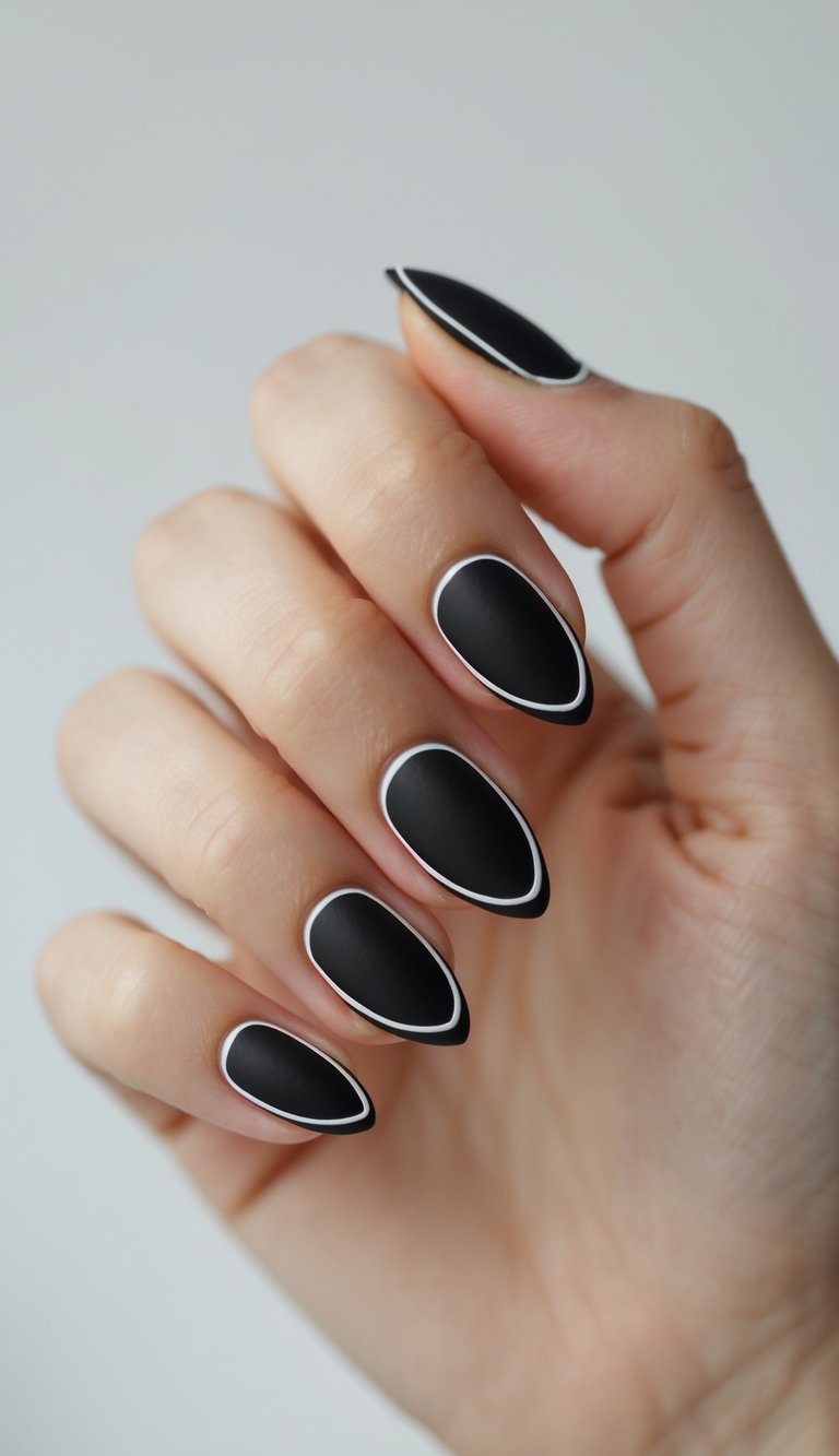 Close-up of a single hand with almond-shaped matte black nails outlined in white on a white background.
