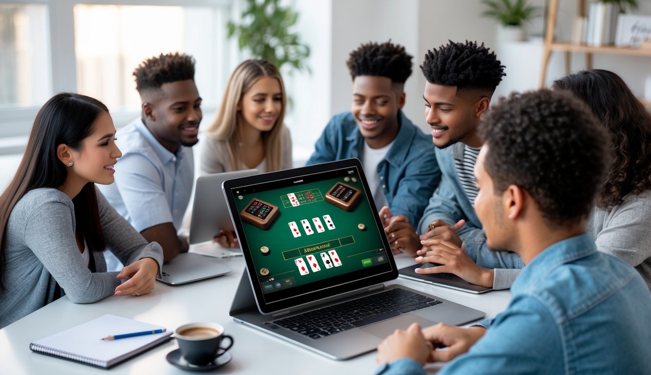 Sekelompok orang muda sedang belajar bermain blackjack online dengan laptop di atas meja yang rapi.